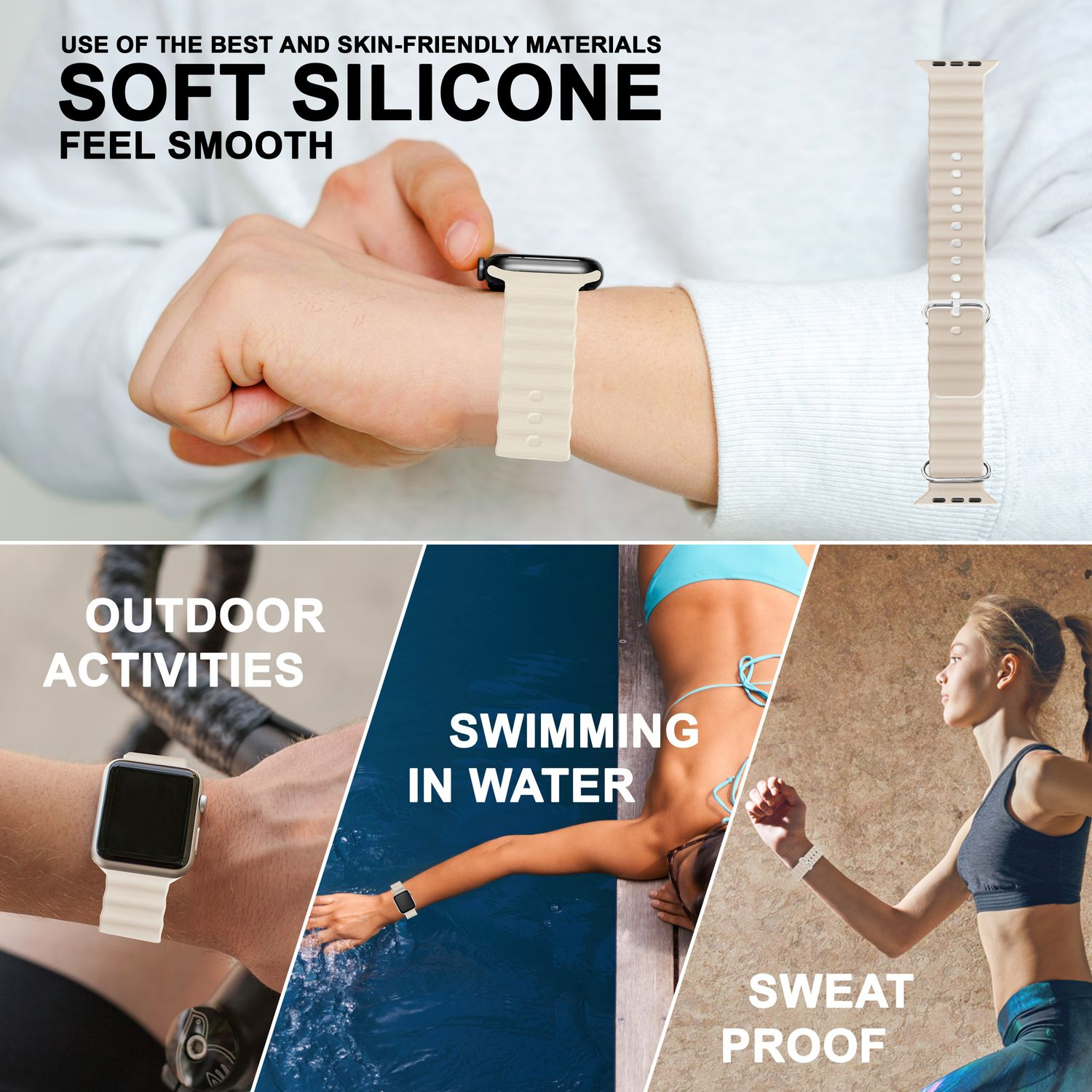 Eine Smartwatch mit beigem Armband, gezeigt in verschiedenen Szenarien: Outdoor-Aktivitäten, Schwimmen und schweißfest.