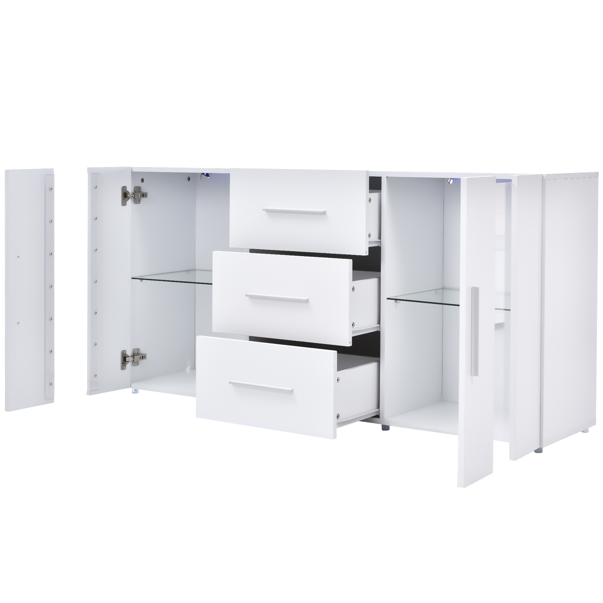 Ein weißer Schrank mit Schubladen und Glasböden, an den Seiten und in der Mitte offen.
