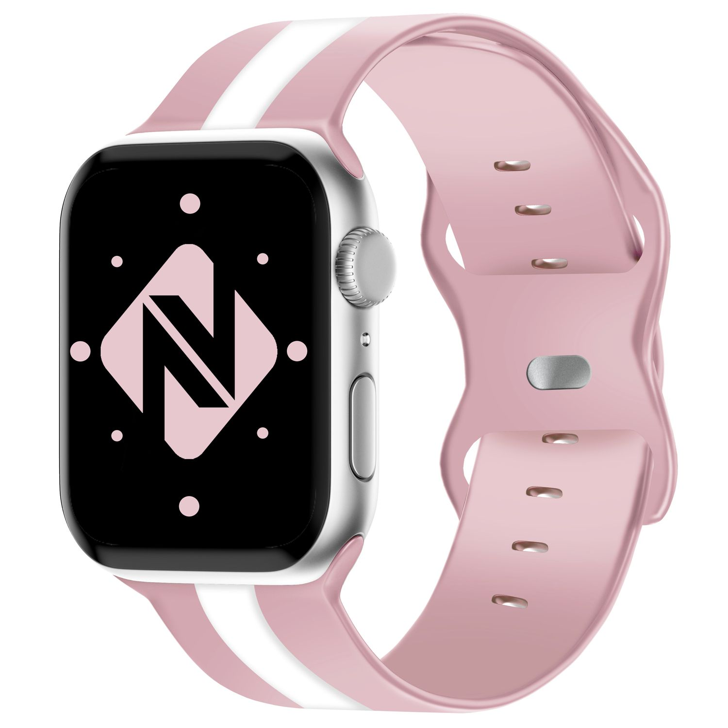 Smartwatch mit silbernem Gehäuse und rosa Band mit weißem Streifen. Zifferblatt zeigt weißes 'N' auf Schwarz.