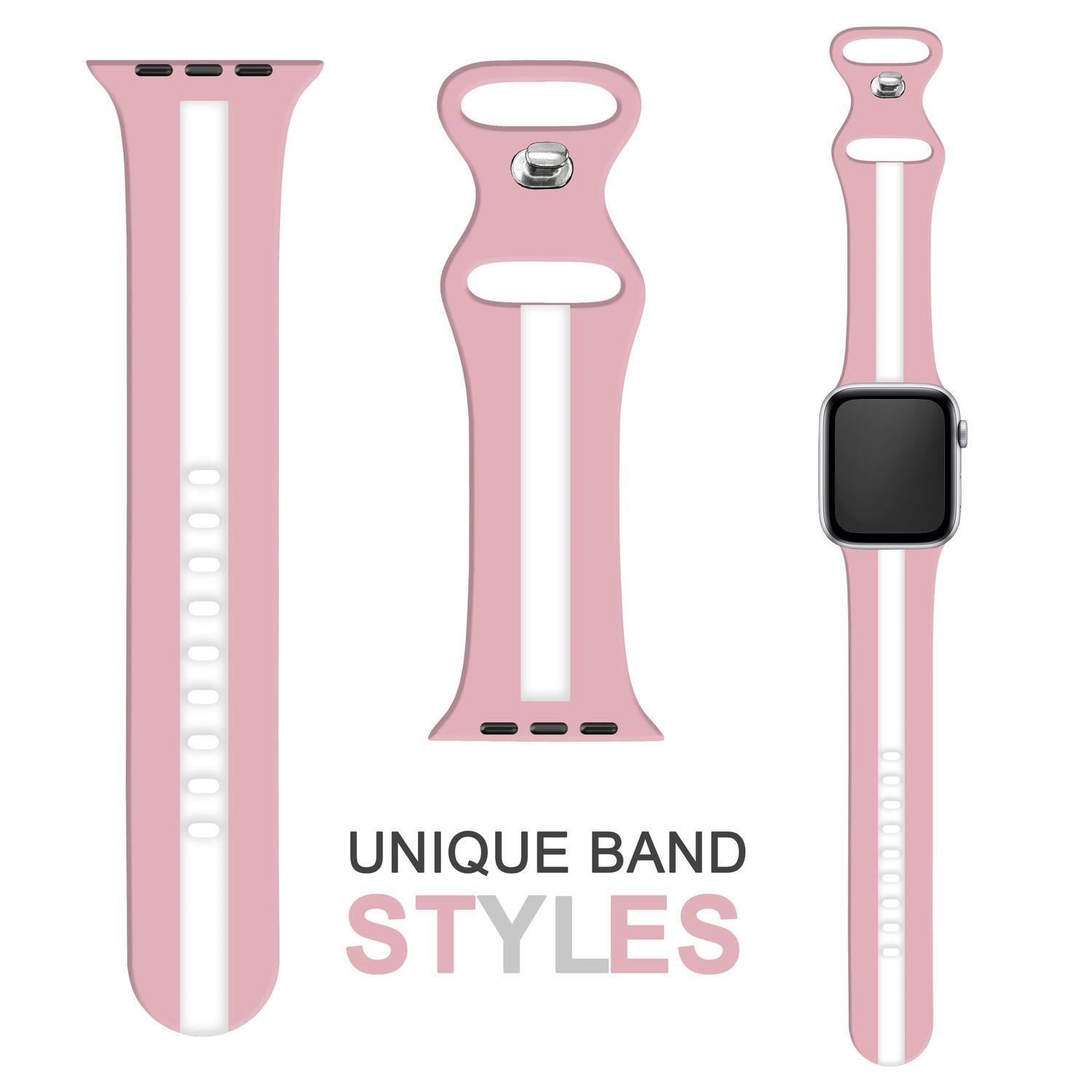 Uhrarmband mit Streifen, drei verschiedene Stile. Rosa und weiße Streifen.