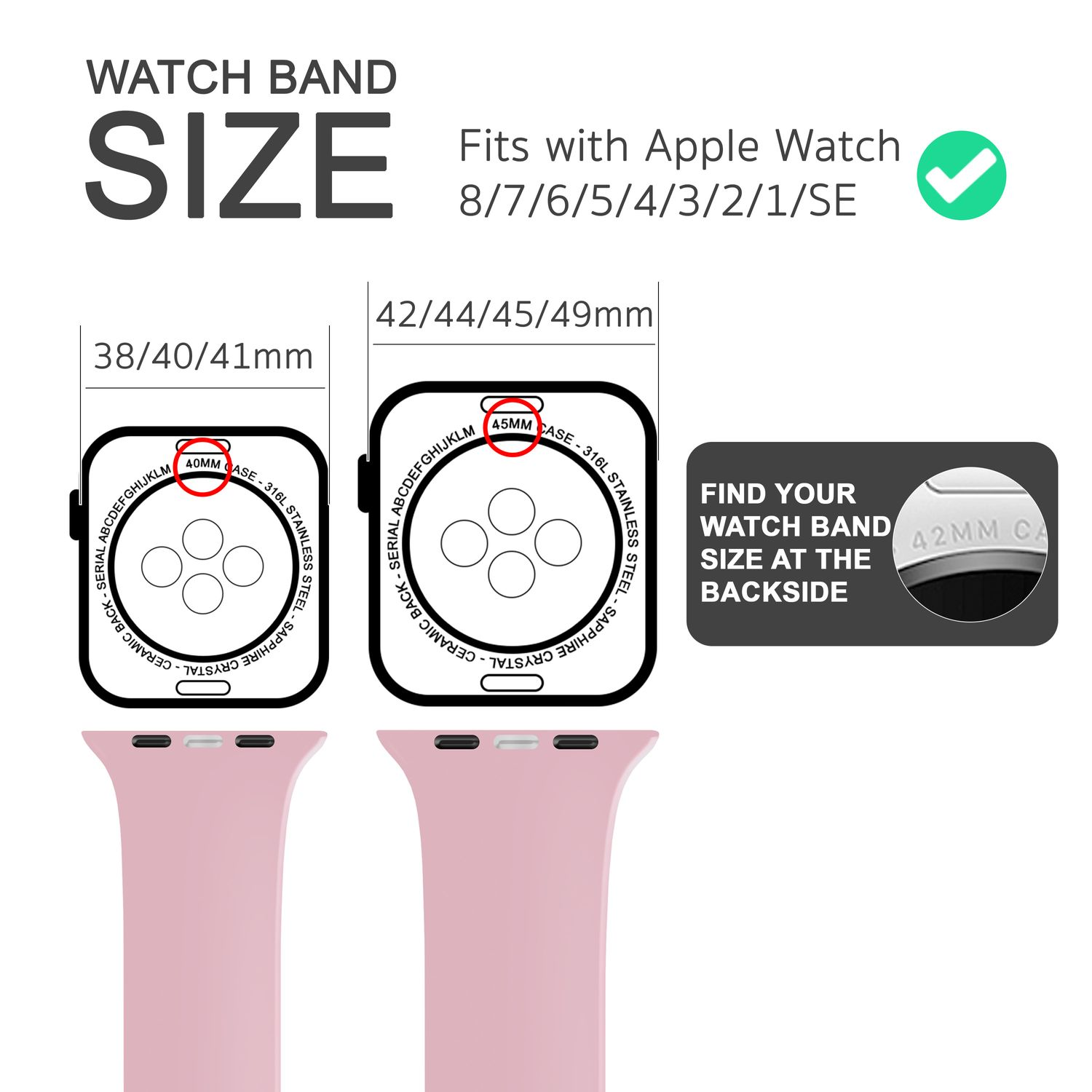 Diagramm zeigt Armbandgrößen: 38/40/41mm und 42/44/45/49mm. Text zeigt Kompatibilität mit Apple Watch-Modellen.