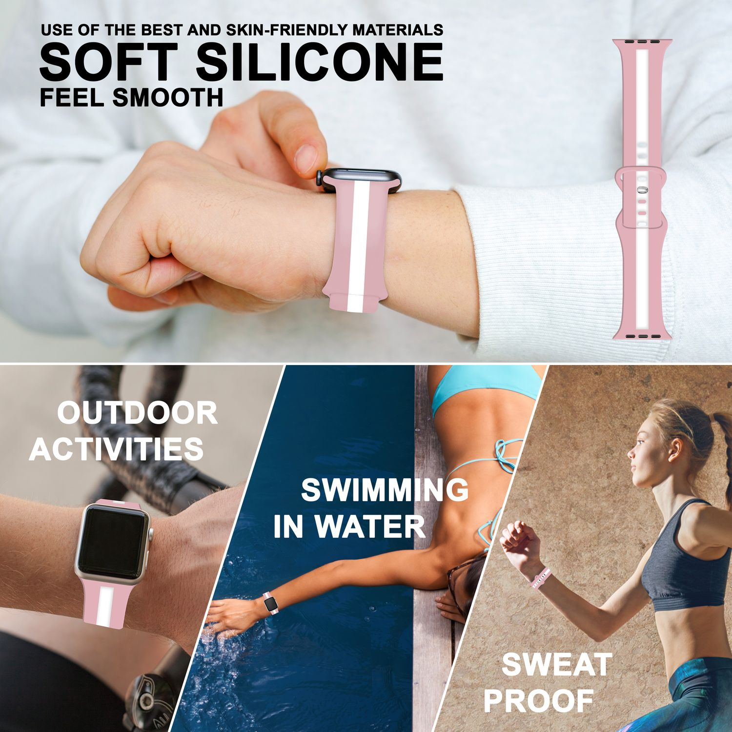 Ein rosa-weißes Armband an einem Handgelenk. Andere Bilder zeigen das Band bei Outdoor-Aktivitäten, Schwimmen und Schweiß.
