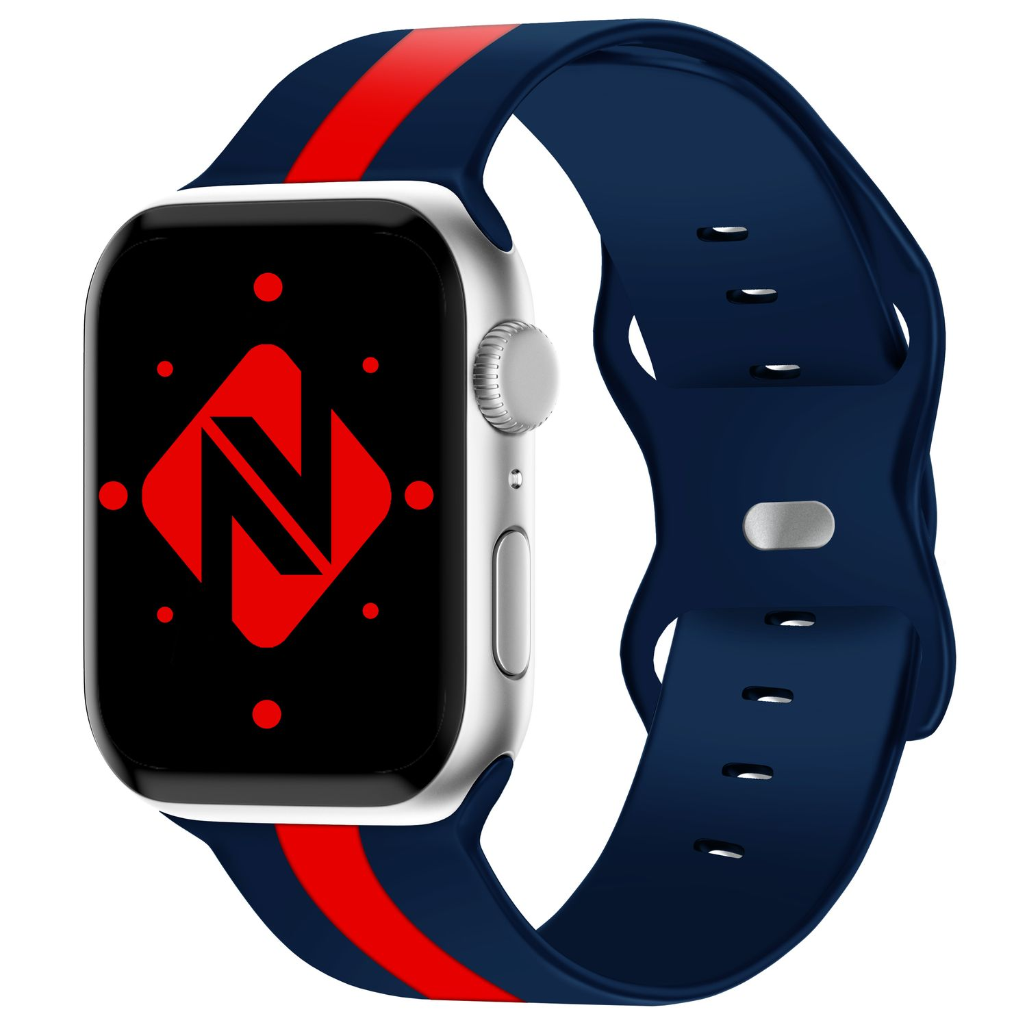 Silberne Smartwatch mit marineblauem Armband mit rotem Streifen, rotes N-Logo.