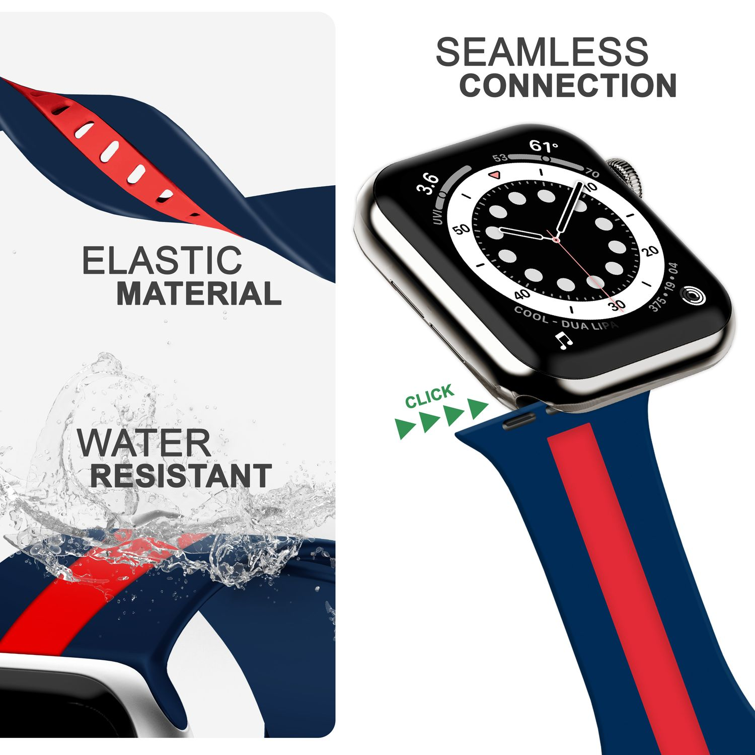 Smartwatch mit blauem Armband und rotem Streifen, mit Text über 'elastisches Material' und 'wasserfest'.