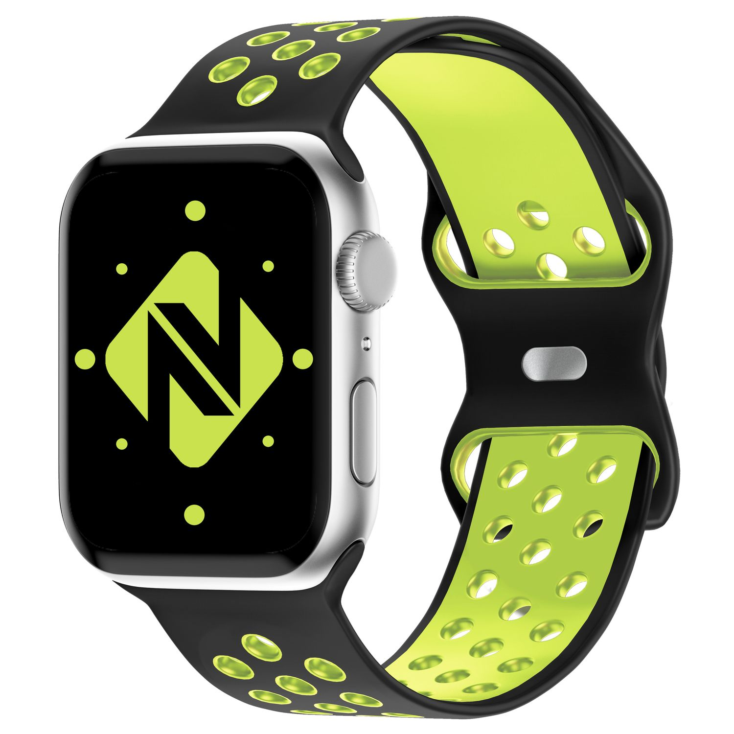 Silberne Apple Watch mit schwarzem und neongrünen Sportarmband. Die Uhr zeigt ein Logo mit 'N'.