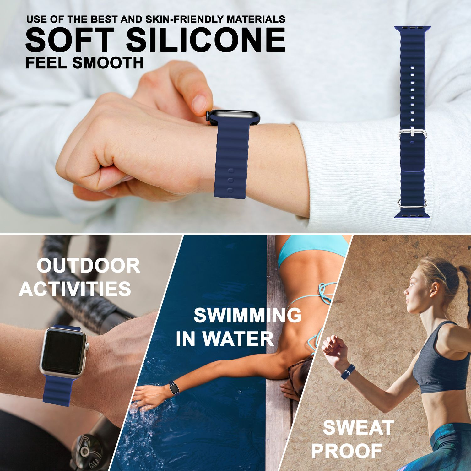 Smartwatch mit blauem Silikonarmband, mit Bildern von Outdoor-, Schwimm- und Laufaktivitäten.