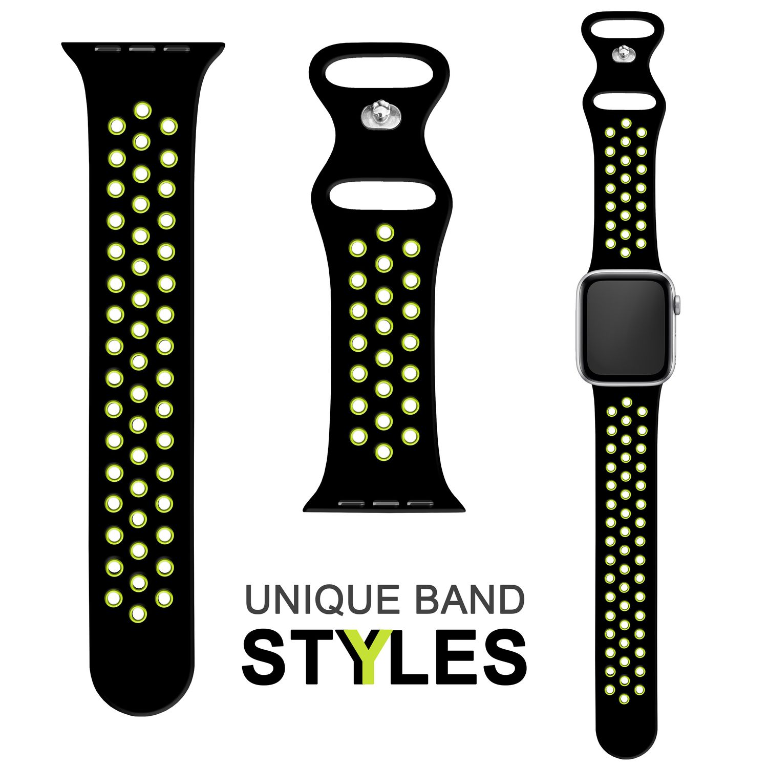 Drei Uhrenarmbänder: zwei schwarze mit grünen Punkten und eine schwarze Uhr mit passendem Band.