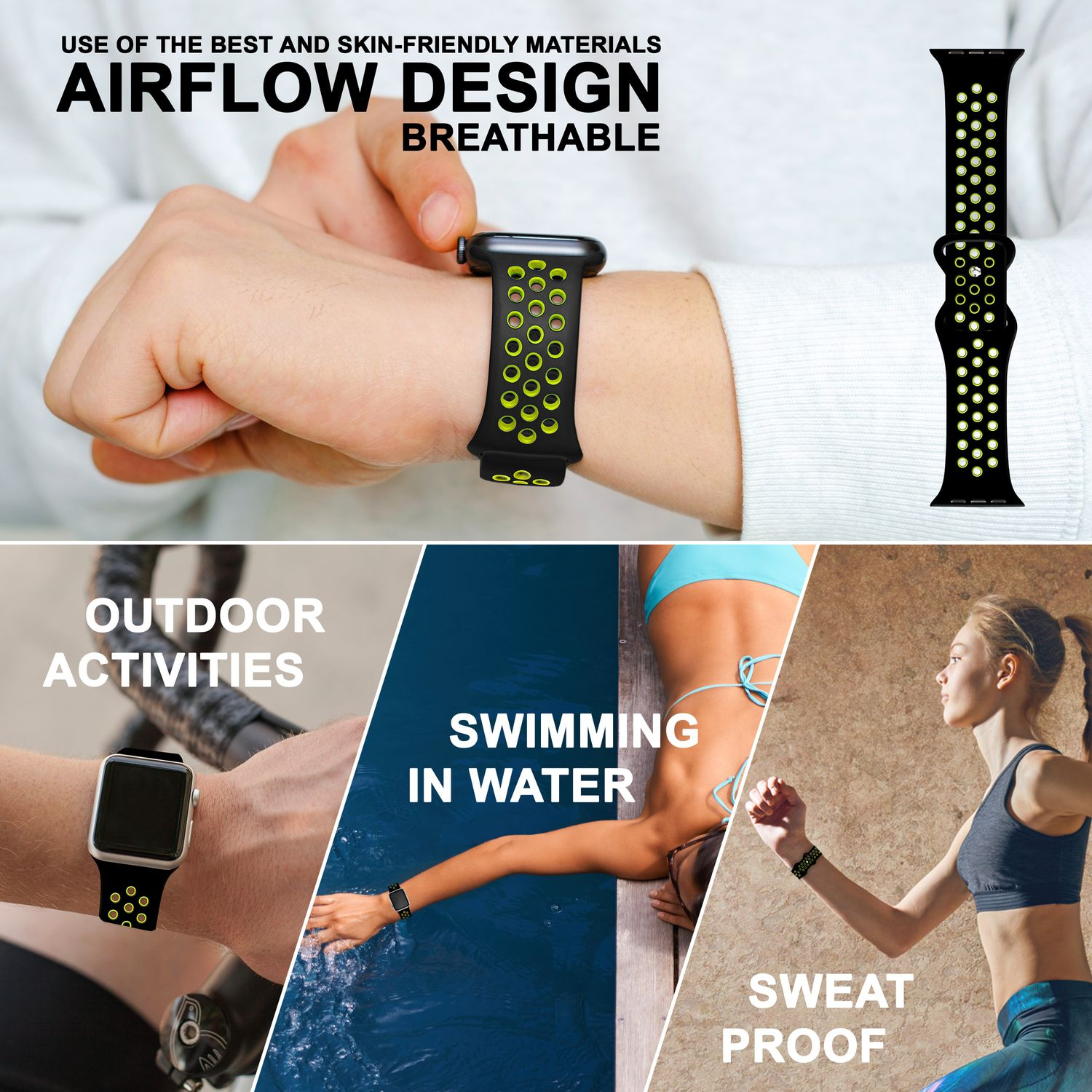 Armband am Handgelenk mit grünen Punkten. Weitere Bilder zeigen die Uhr bei Outdoor-Aktivitäten, Schwimmen und Schwitzen.
