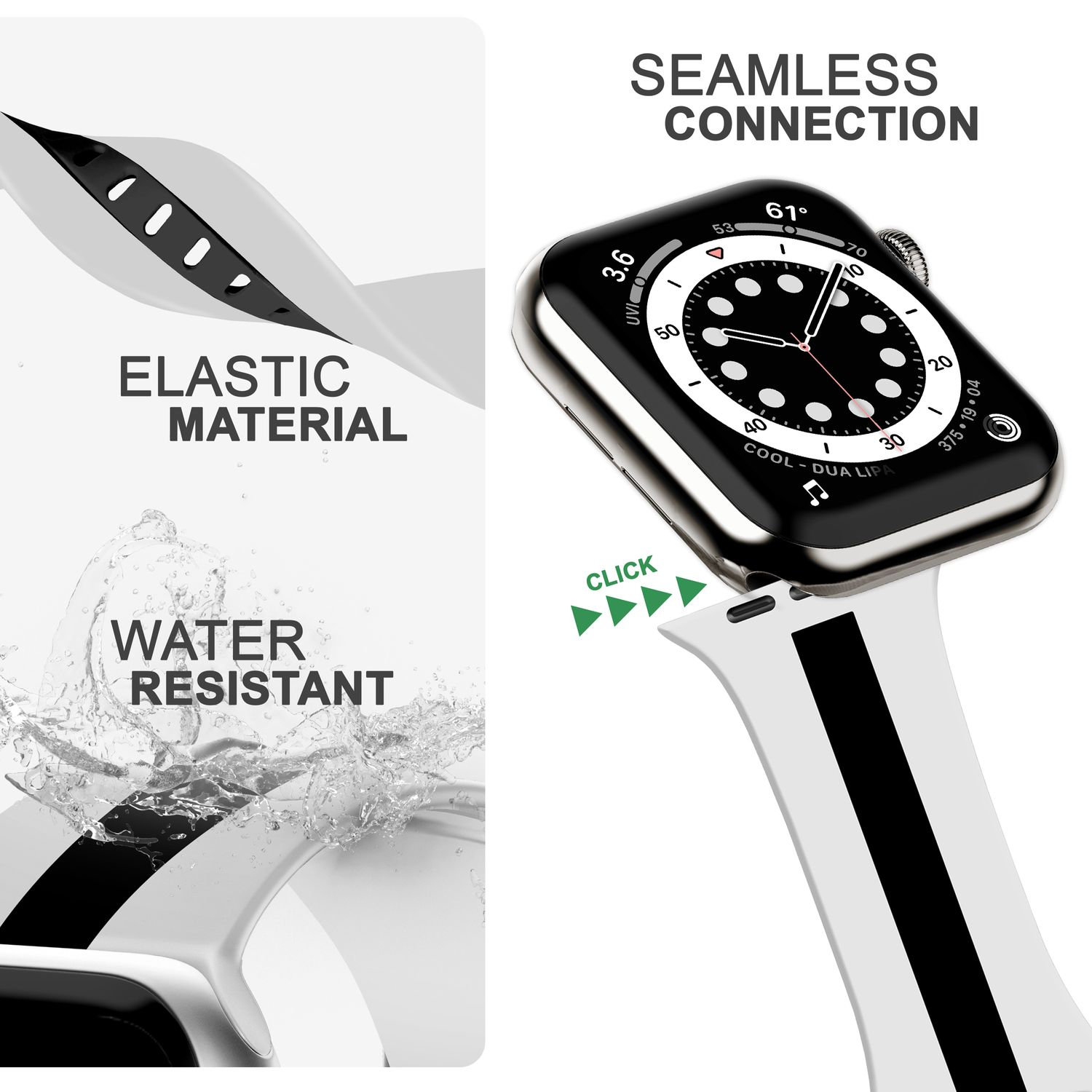 Ersatzarmband, Weiß Silikon Apple Gestreiftes Schwarz NALIA Smartwatch Apple, Watch Armband, 38mm/40mm/41mm,