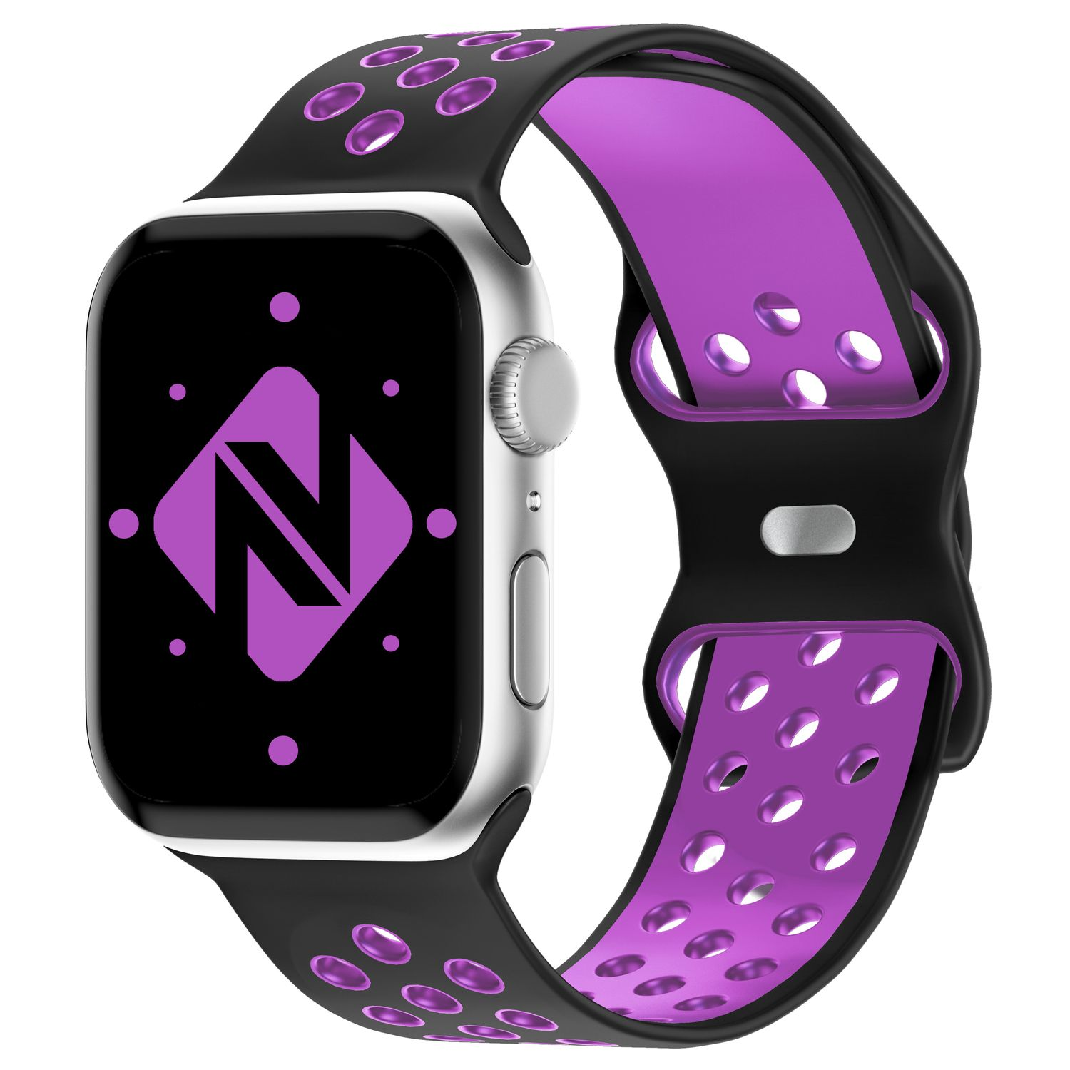 Schwarze und silberne Smartwatch mit lila Armband. Der Bildschirm zeigt ein lila N-Logo.
