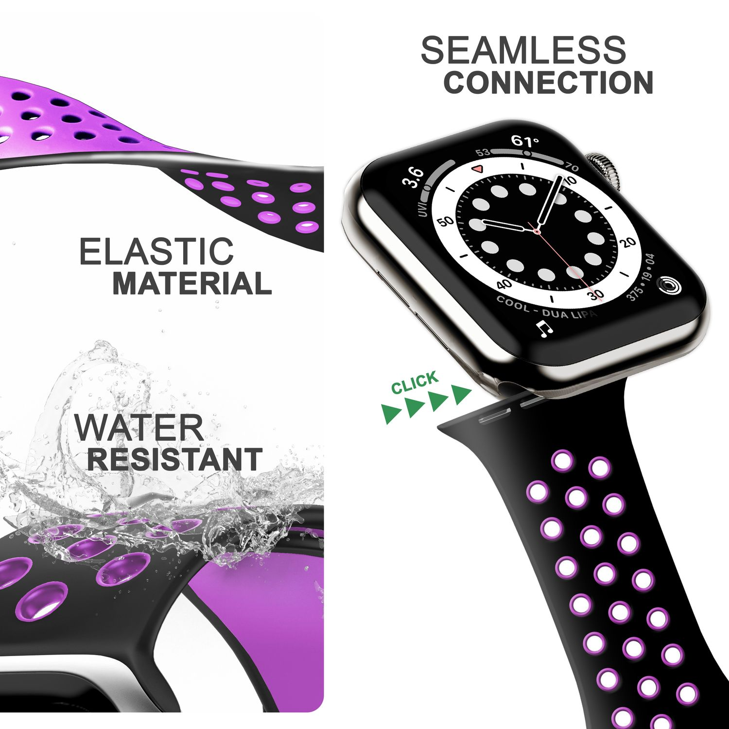 Apple, Schwarz Armband, Lila NALIA Apple Silikon Airflow Watch Ersatzarmband, 38mm/40mm/41mm, Smart-Watch