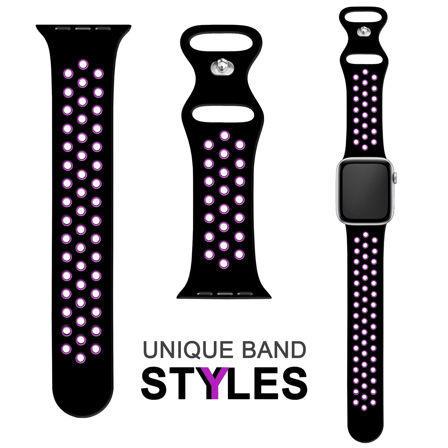 Drei schwarze Uhrenarmbänder mit kleinen lila Kreisen. Das Band hat einzigartige Stile. Das Band ist schwarz.
