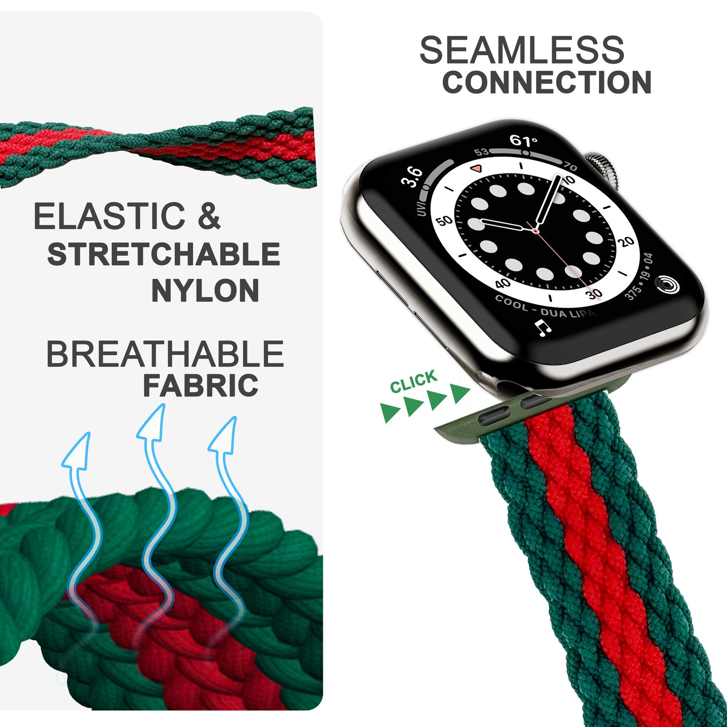 NALIA Geflochtenes Smart-Watch Apple, Ersatzarmband, Apple Grün Rot Armband, 42mm/44mm/45mm/49mm, Watch