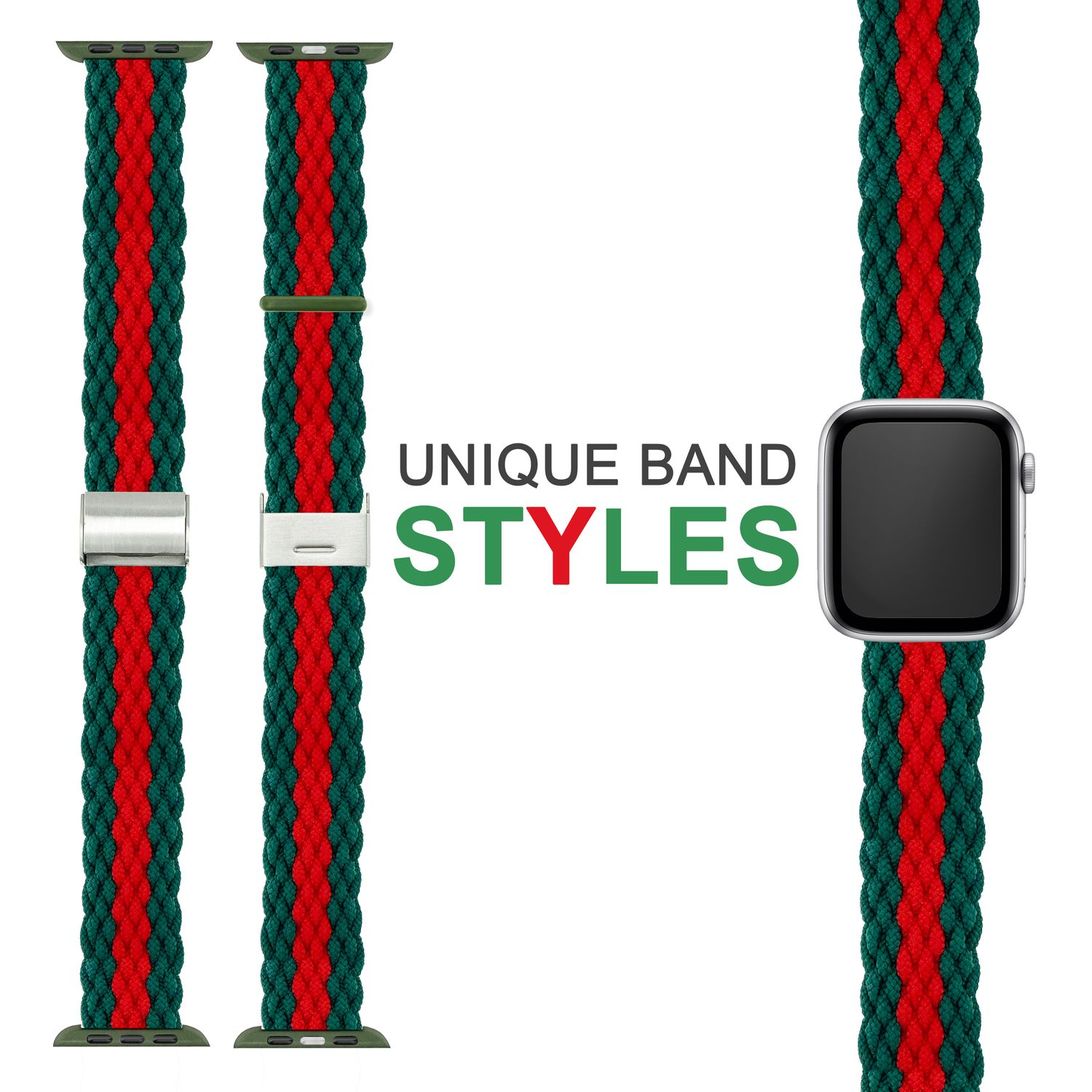 Geflochtenes grünes, rotes und grünes Uhrenarmband. Eine schwarze Apple Watch befindet sich rechts.