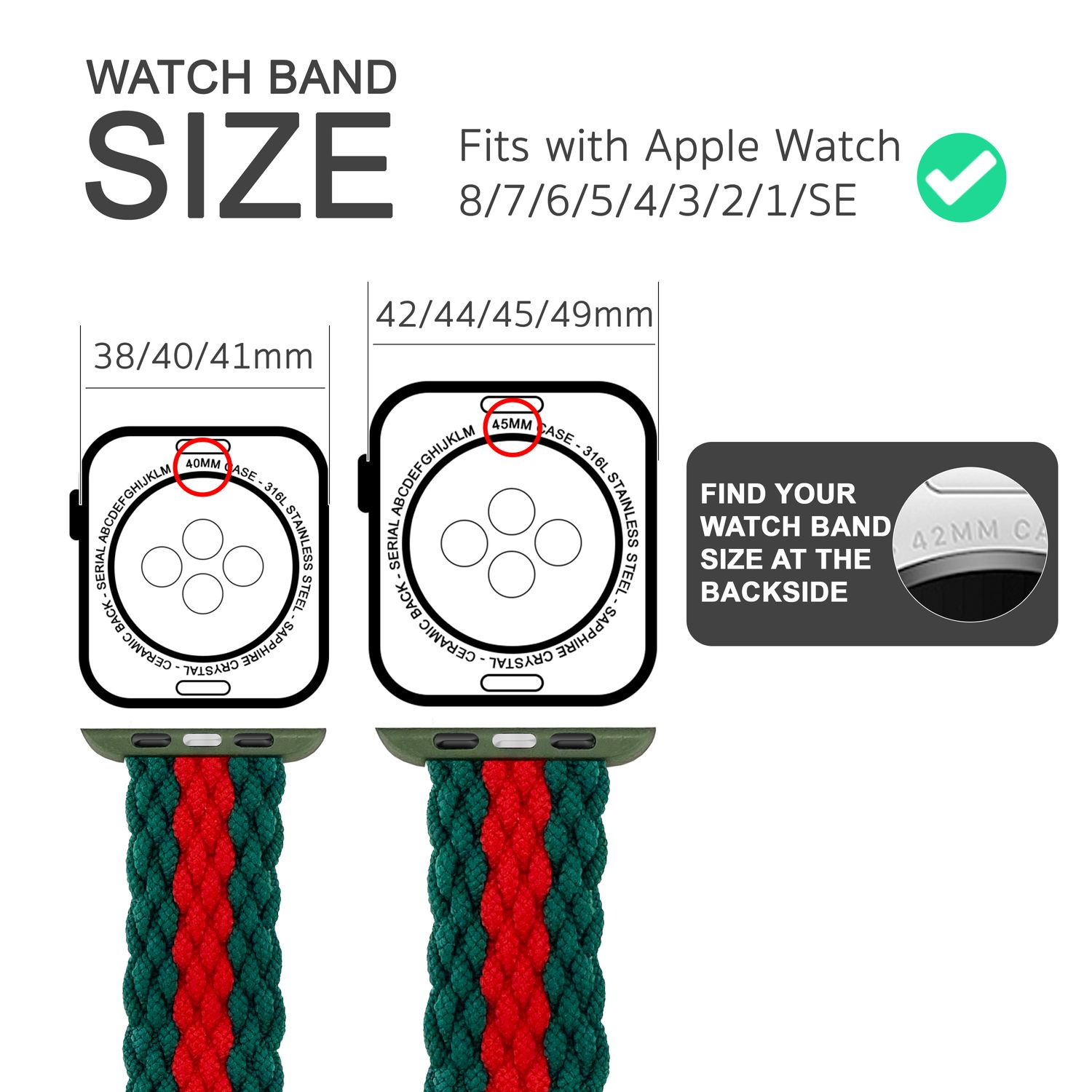 Diagramm zum Vergleich der Apple Watch-Armbandgrößen mit grün-rot gestreiften Bändern. 42mm und 45mm sind gezeigt.