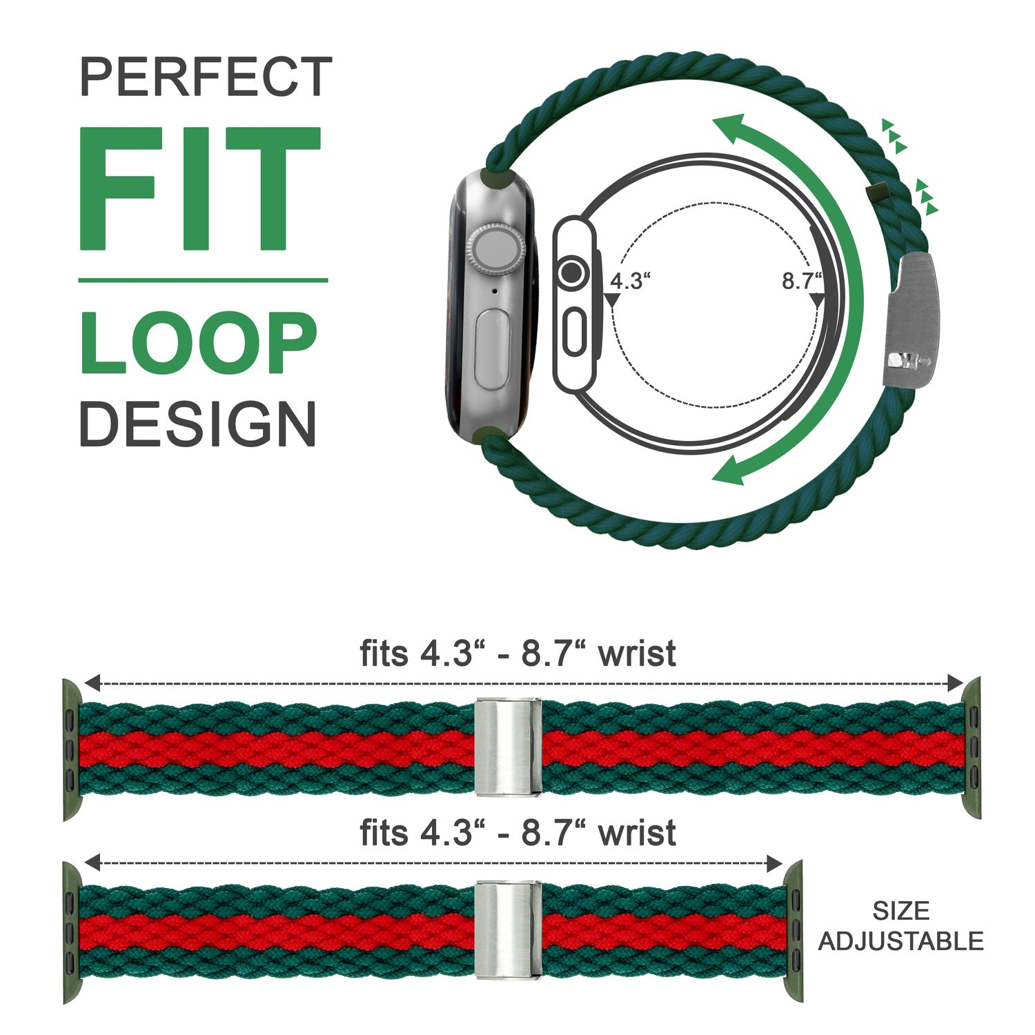 Armband mit grünen und roten Streifen, gepaart mit einer Apple Watch, zeigt Größenangaben.