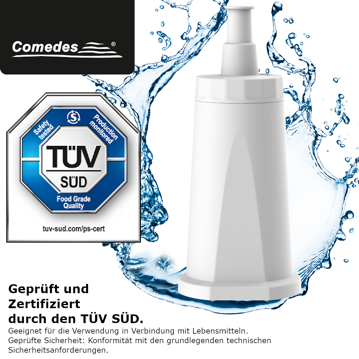 Weißer Wasserfilter mit Sicherheitszertifizierungen, mit Wasserspritzereffekt.