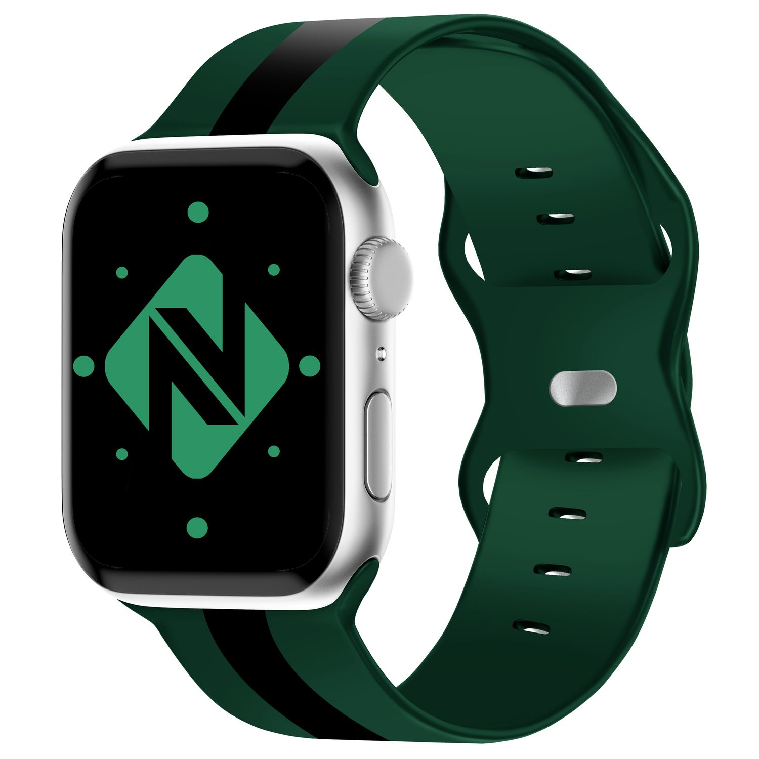 Silberne Smartwatch mit grünem Armband und schwarzem Streifen. Das Ziffernblatt zeigt ein grünes N-Logo.