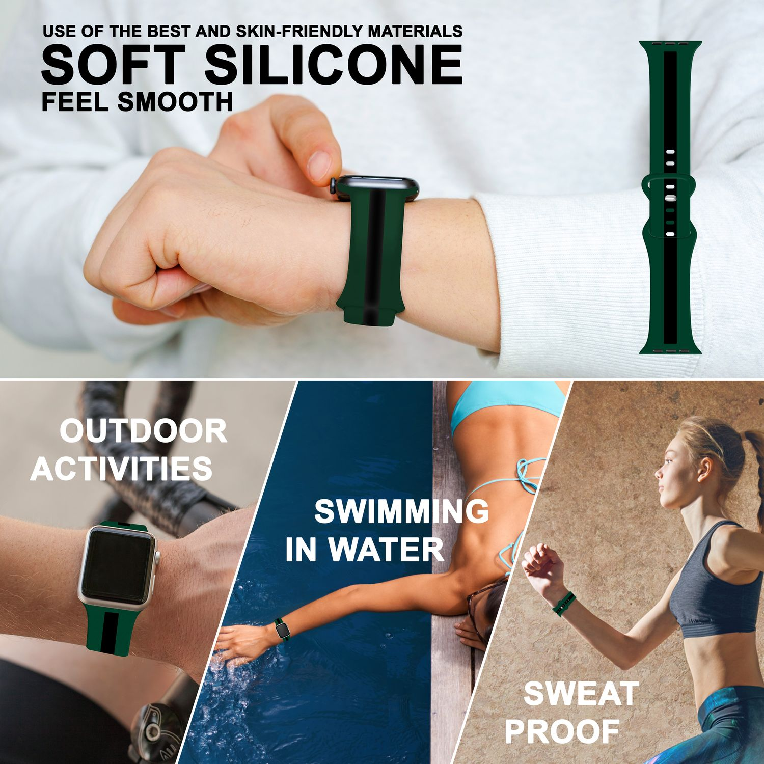 Eine Uhr mit grünem und schwarzem Band, zusammen mit Bildern von Outdoor-Aktivitäten.