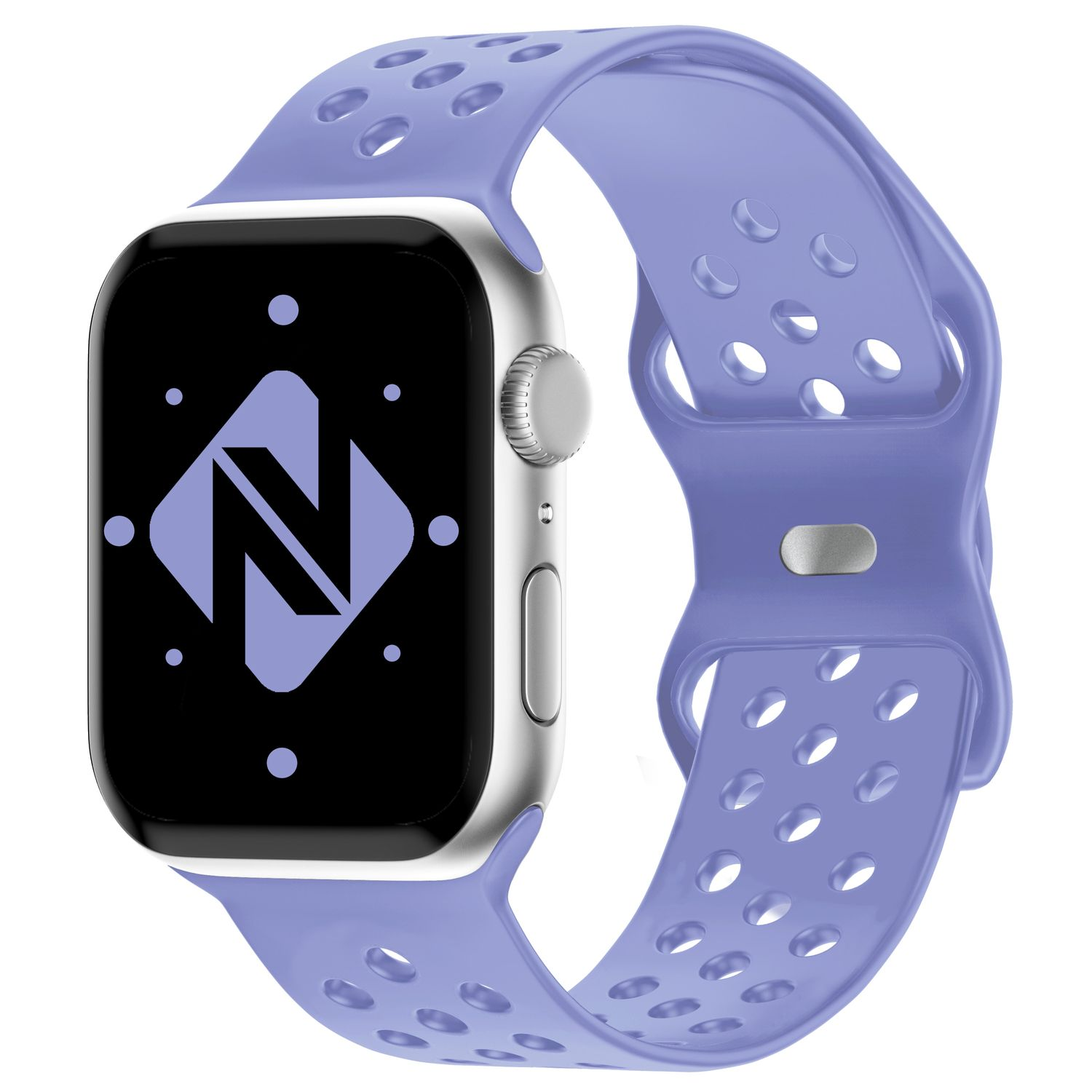 Eine lila Smartwatch mit lila Armband, das ein Logo auf einem schwarzen Bildschirm zeigt.