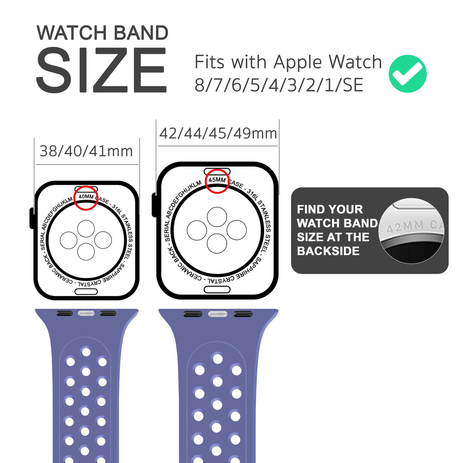 Bild zeigt eine Apple Watch-Armbandgrößenübersicht: 38/40/41mm und 42/44/45/49mm, mit Uhrenkonturen und einem grünen Häkchen.
