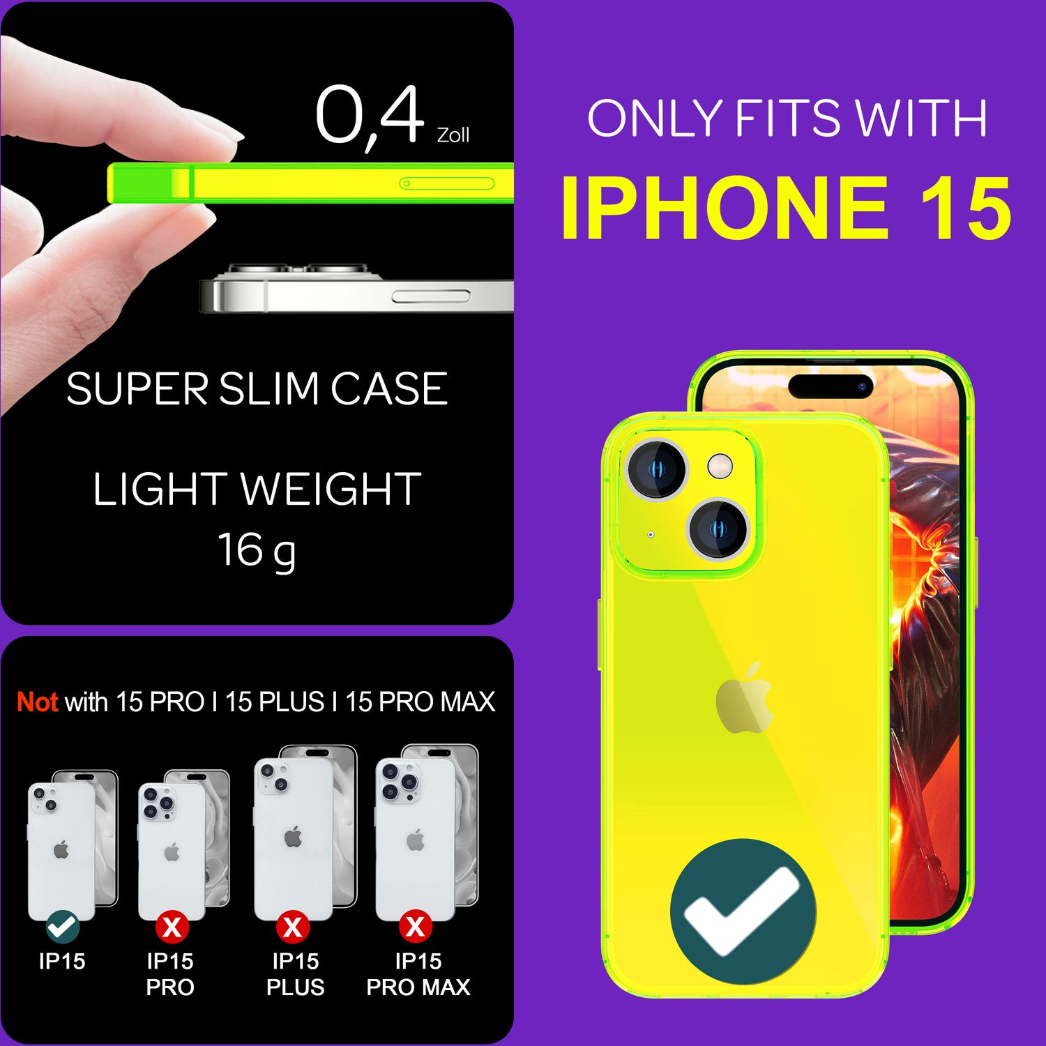 Coque de téléphone pour iPhone 15. Coque jaune, texte et contours du téléphone.
