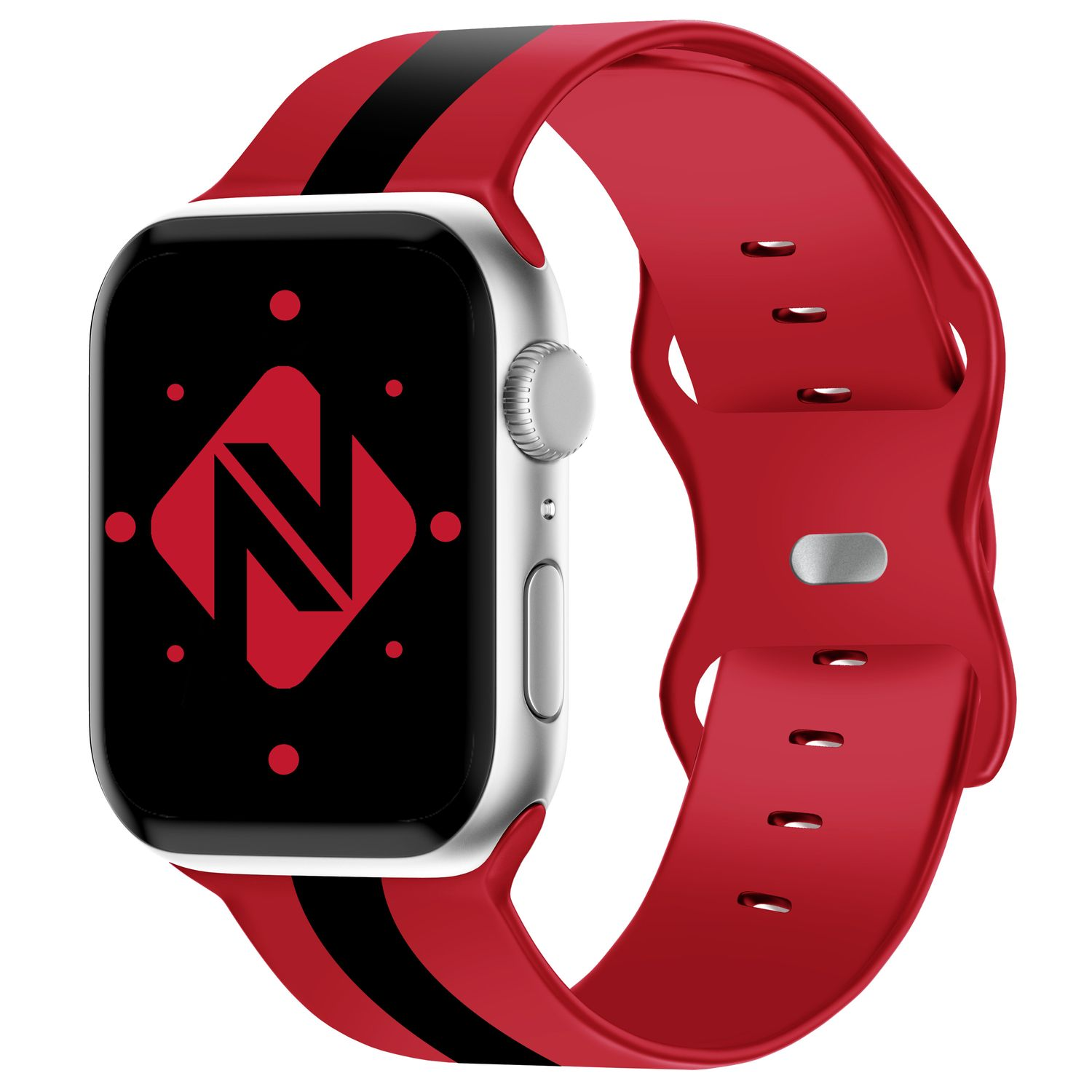 Silberne Smartwatch mit rotem Band und schwarzen Streifen. Rotes Logo auf dem Zifferblatt.