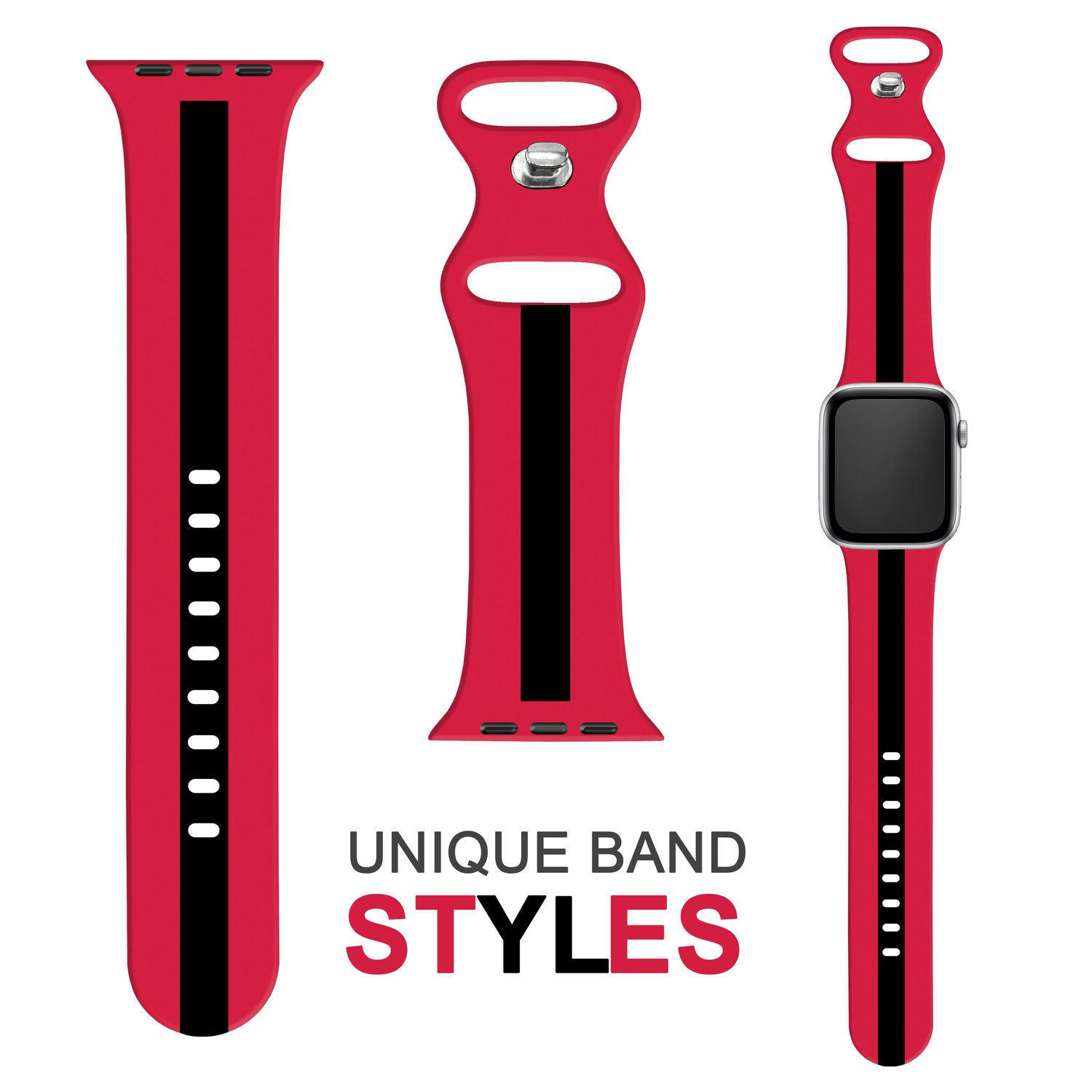 Rote und schwarze Teile eines Uhrenarmbands. Drei Teile: langes Band, Mittelteil und an einer Uhr befestigt.
