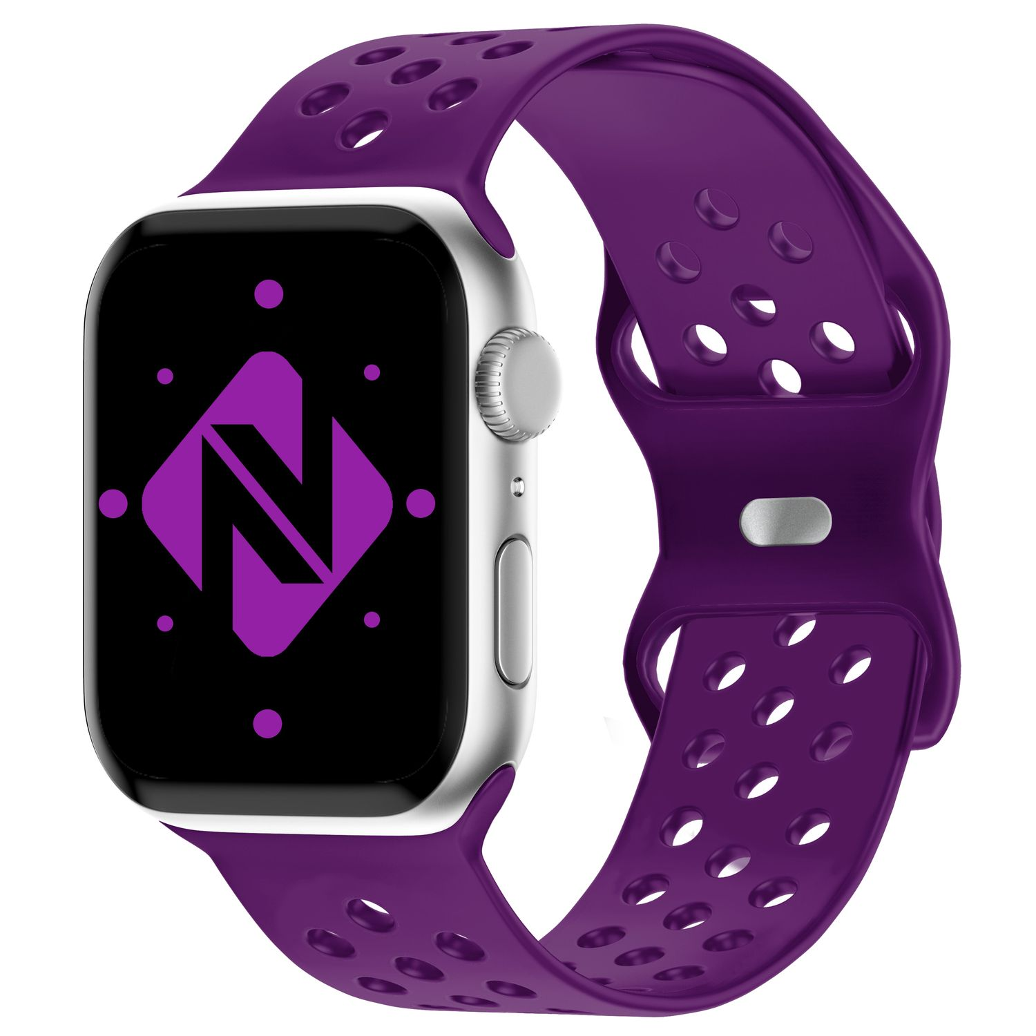 Apple Watch mit lila Armband. Das Zifferblatt hat ein lila 'N'-Logo auf Schwarz.