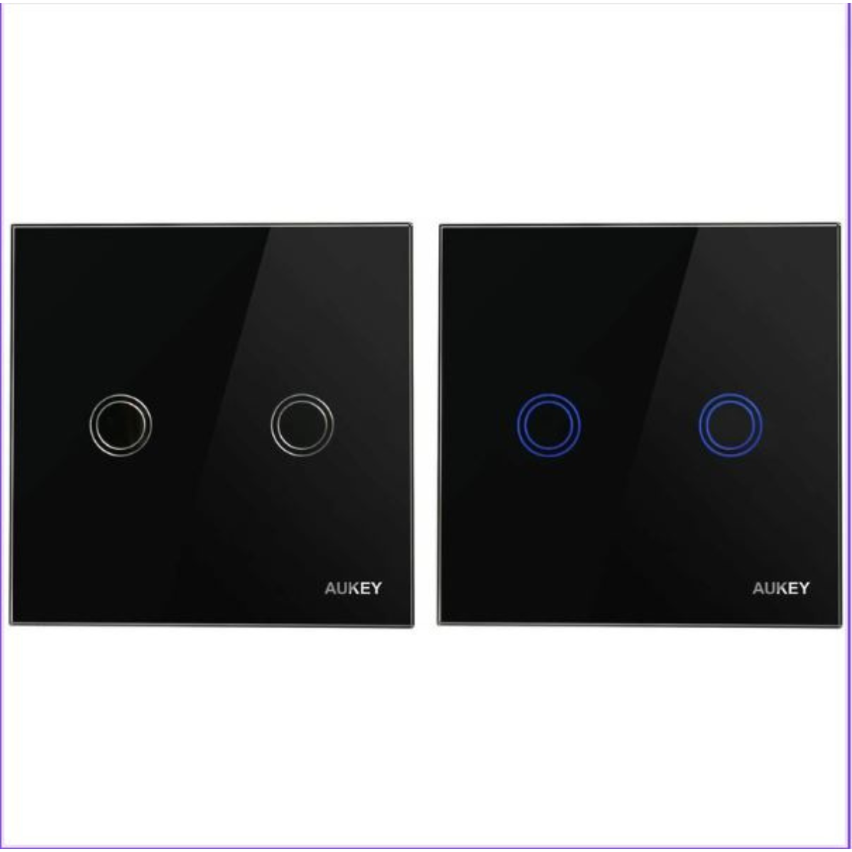 Zwei schwarze intelligente Lichtschalter. Einer ist mit einem weißen Kreis beleuchtet, der andere mit einem blauen Kreis.