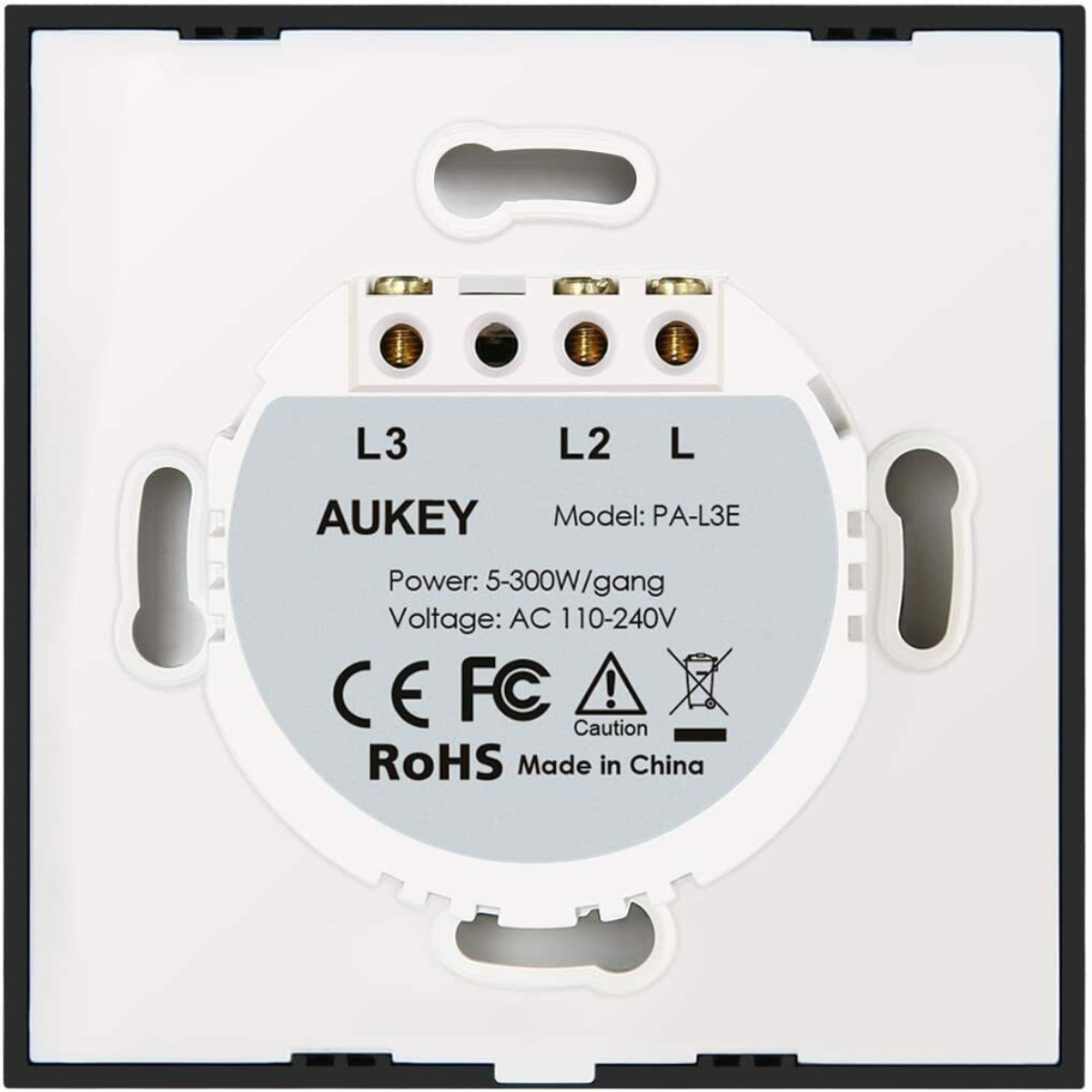 Weißer Lichtschalter mit Klemmen und dem AUKEY-Logo, auf weißem Hintergrund.
