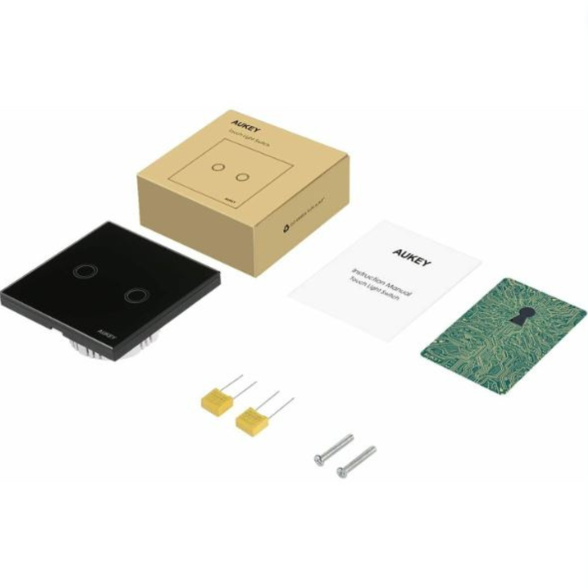 AUKEY Touch-Lichtschalter, Box, Bedienungsanleitung und andere Komponenten. Schwarzer Schalter, beige Box.