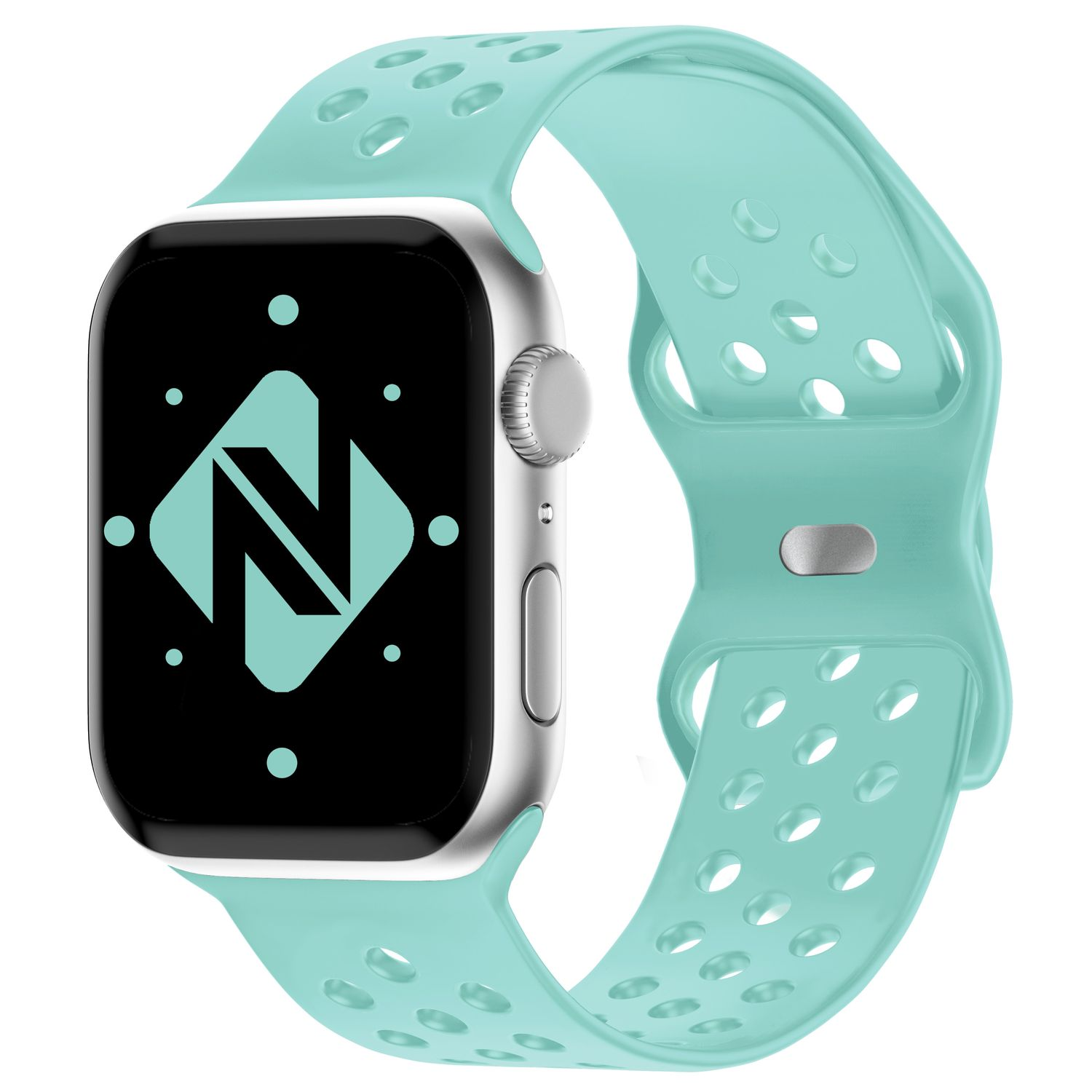 Eine silberne Smartwatch mit einem türkisblauen Armband mit Löchern wird von oben schräg gezeigt.
