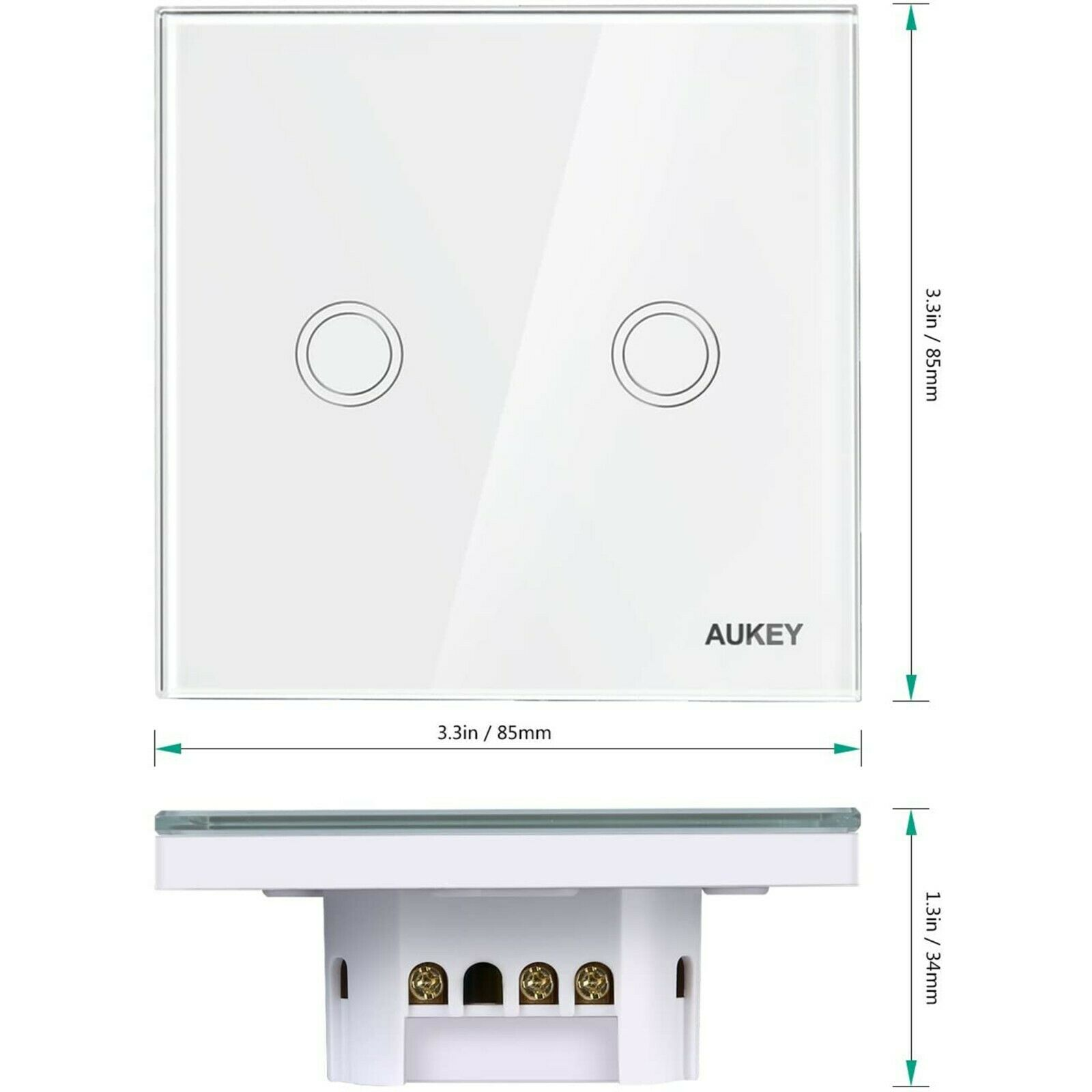 Weißer AUKEY Lichtschalter mit zwei Tasten, Abmessungen in Zoll und Millimetern angegeben.