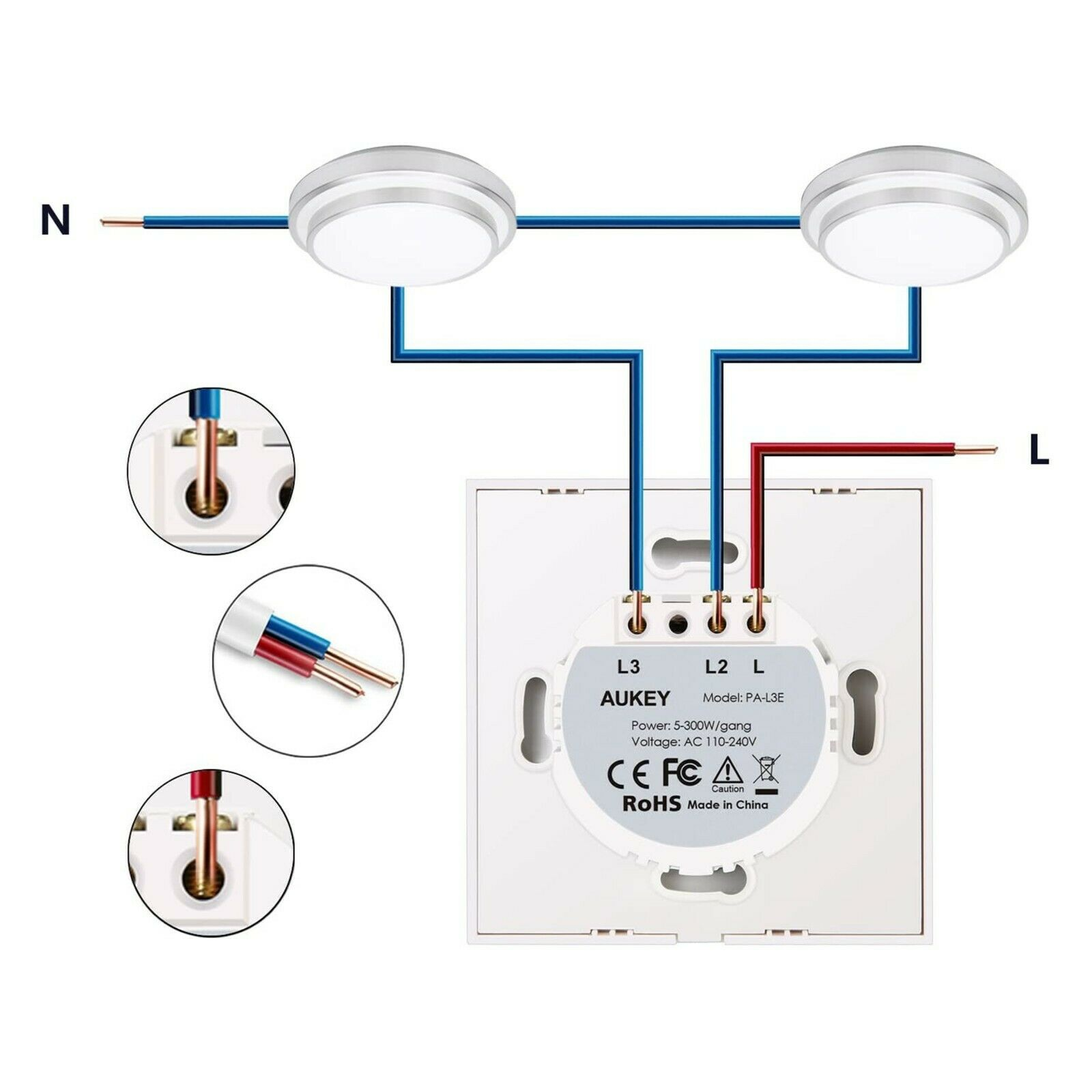 Schaltplan für zwei LED-Leuchten mit Smart Switch, zeigt Verbindungen mit N, L, L2 und L3 beschriftet.