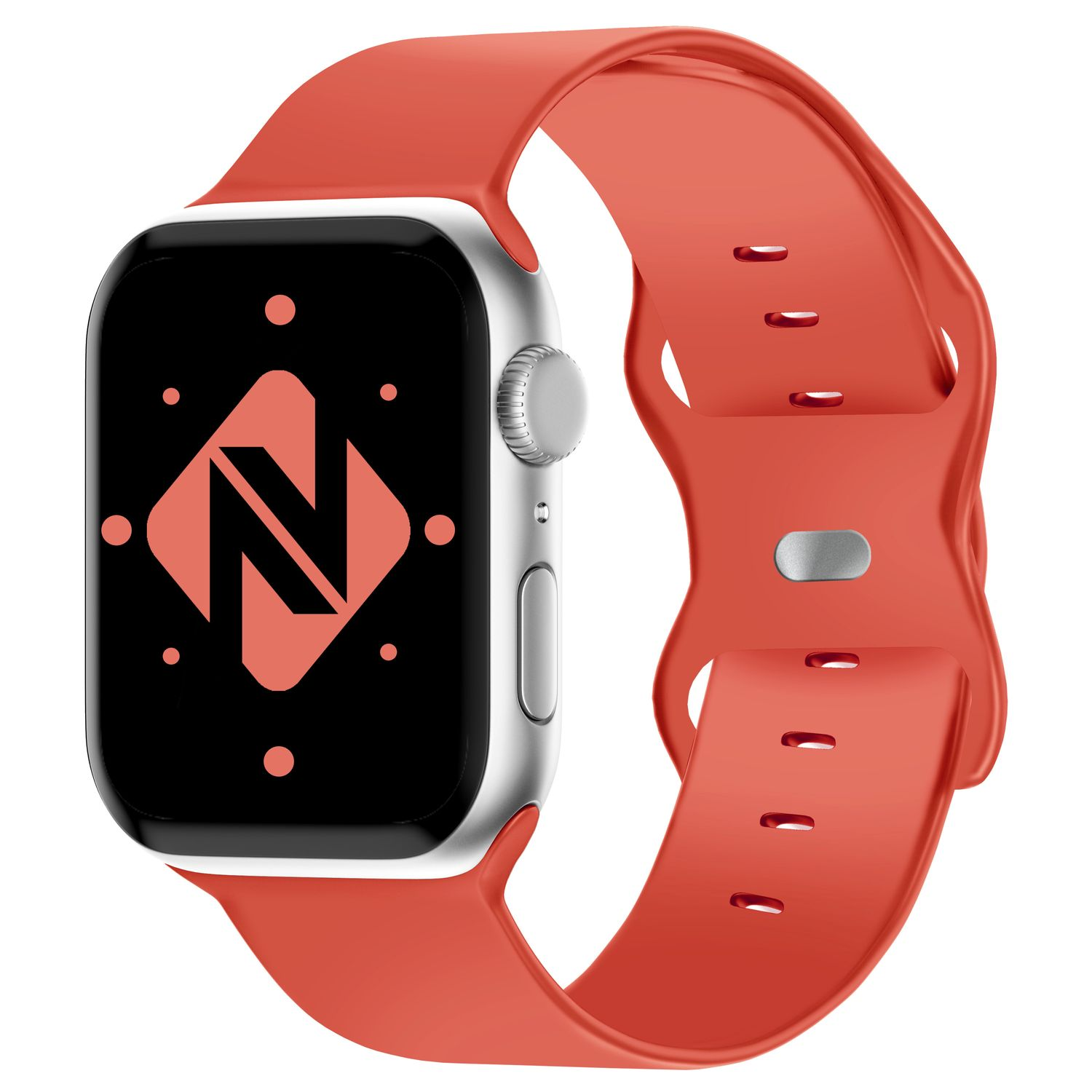 Silberne Apple Watch mit rotem Armband, zeigt Logo auf der Zifferblatt.
