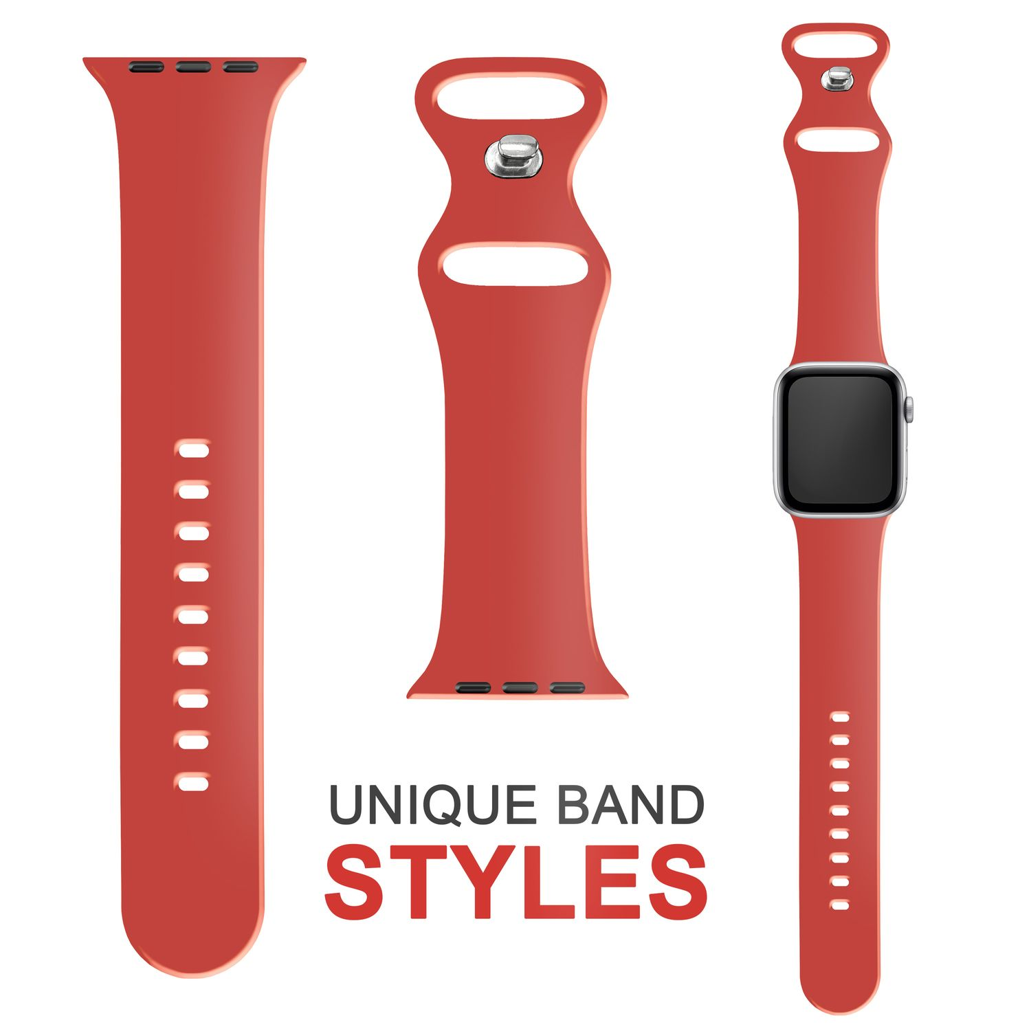 Drei rote Uhrenarmbänder, eines mit Uhr. Text: "UNIQUE BAND STYLES".