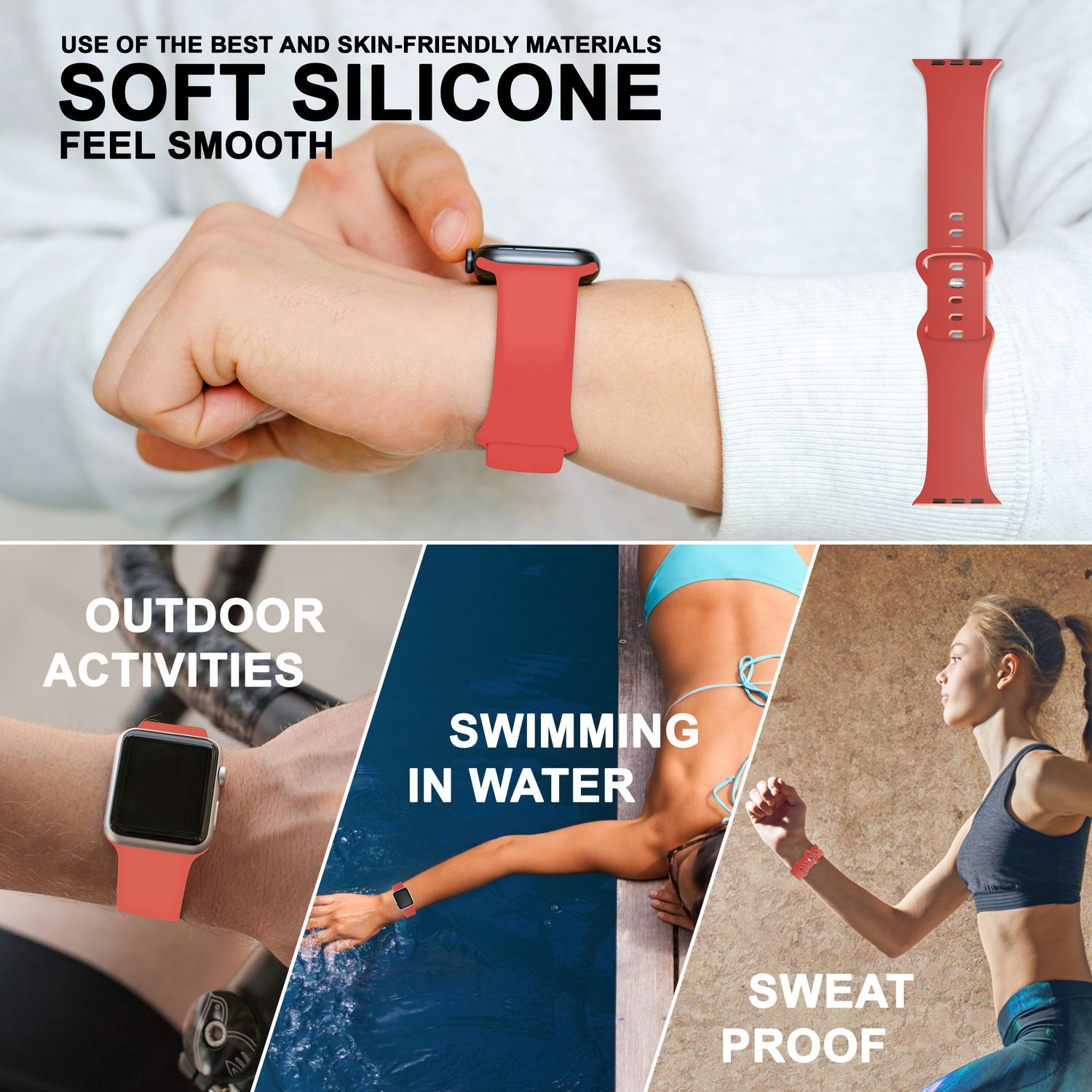 Eine Apple Watch mit rotem Armband, mit den Worten 'SOFT SILICONE' und 'FEEL SMOOTH'.