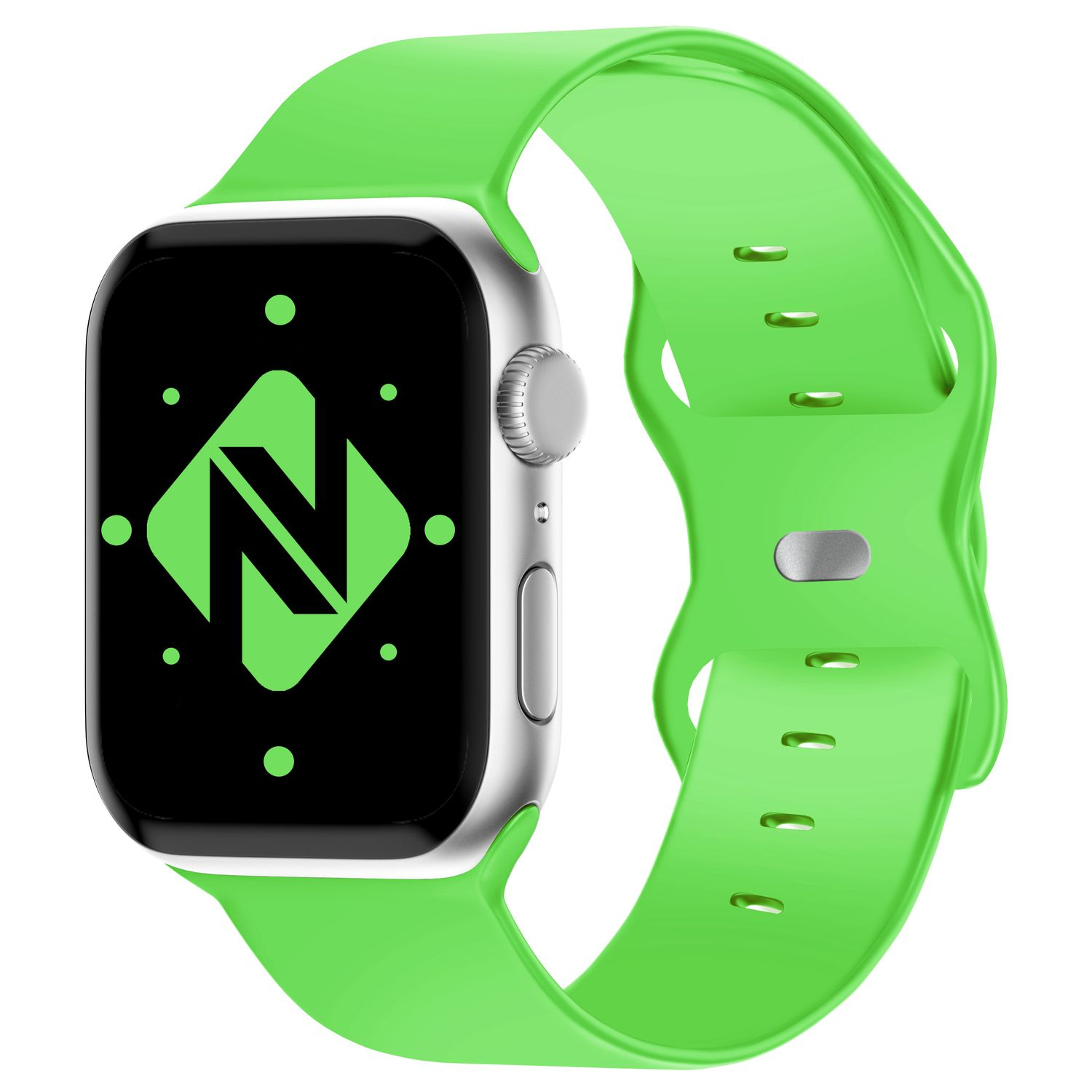Silberne Smartwatch mit grünem Armband, grünes Logo auf schwarzem Display.