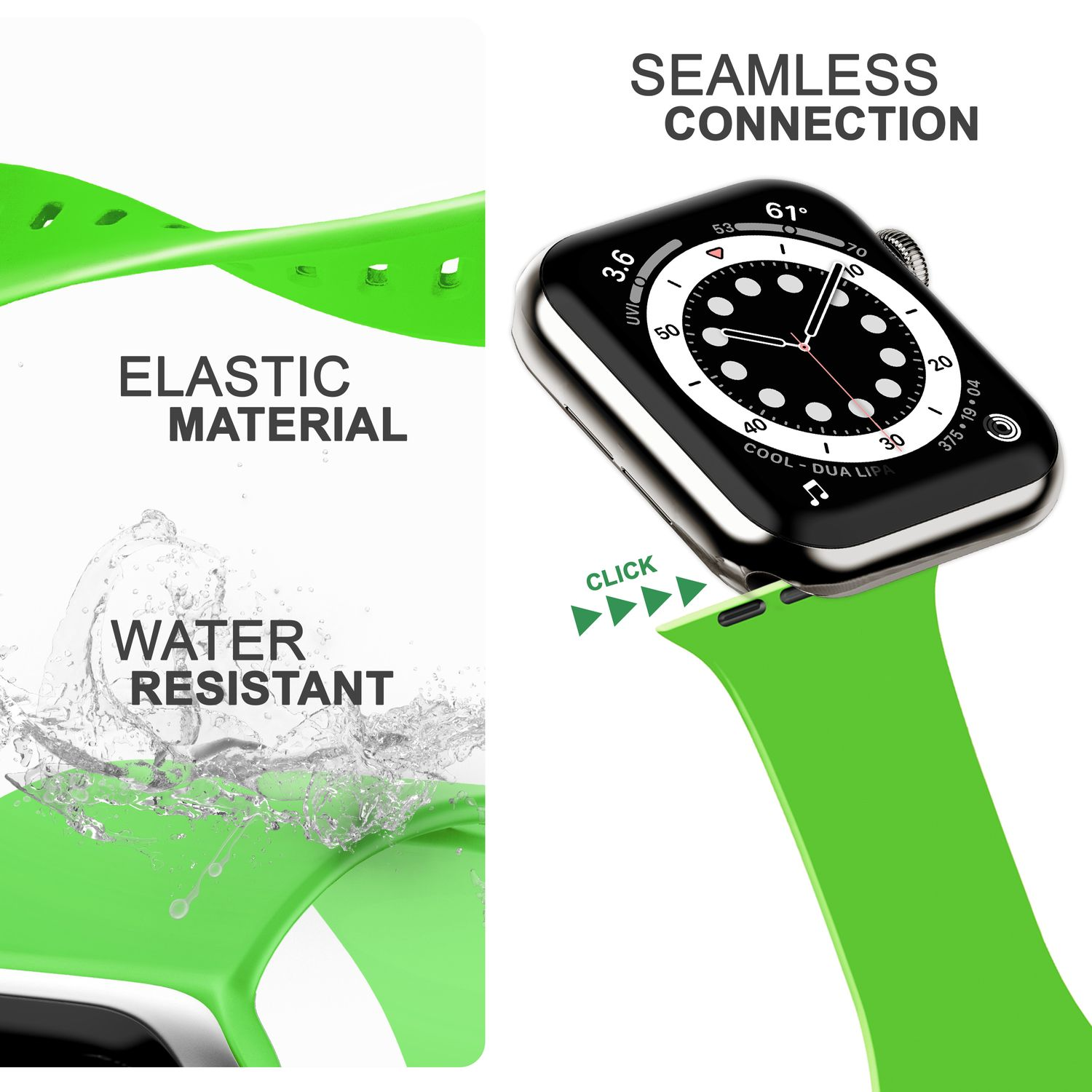Grünes Uhrenarmband mit Wasserspritzern und Text. Zifferblatt mit Zahlen und Text.