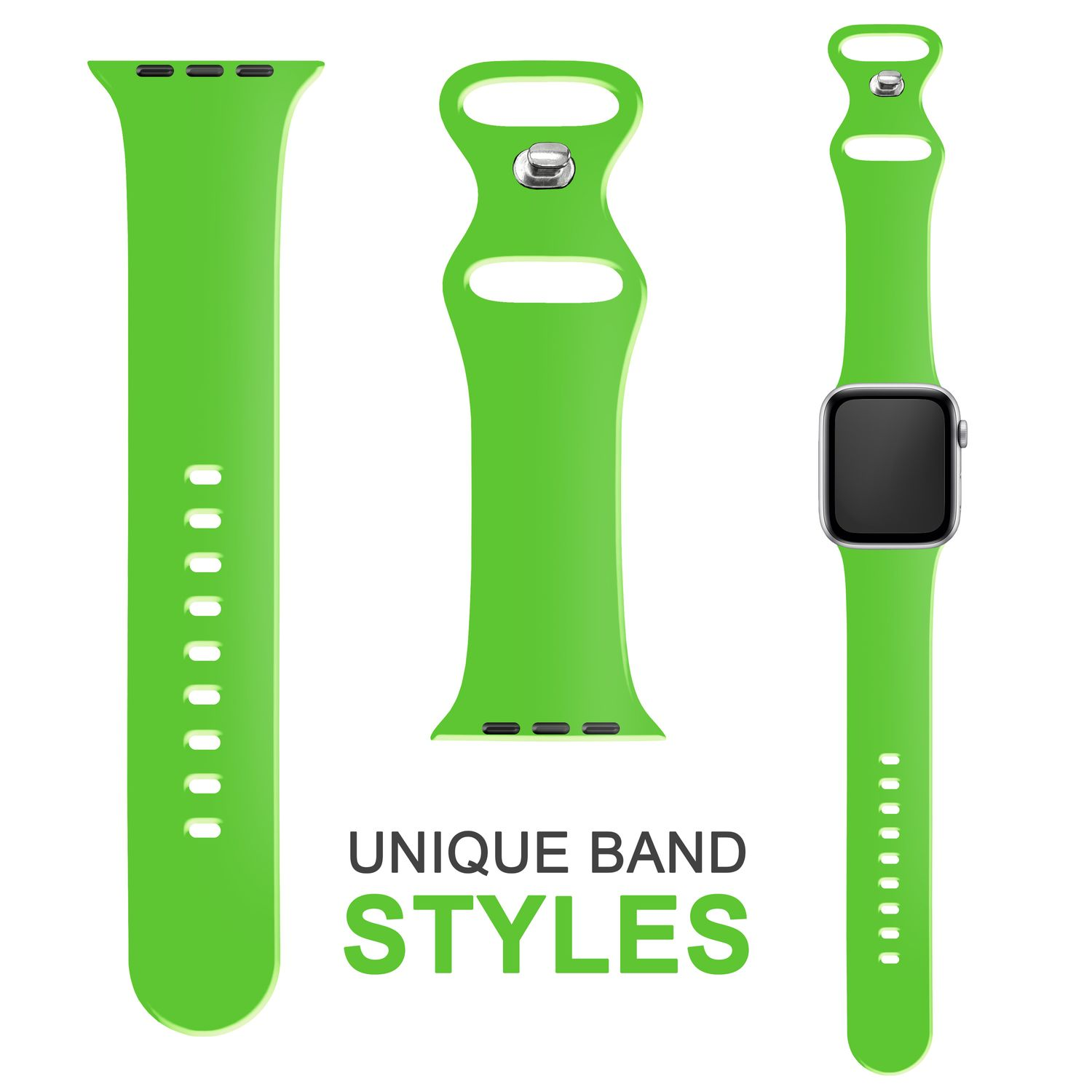 Drei Apple Watch-Armbänder in leuchtendem Grün, darunter ein Armband mit einer Uhr daran.