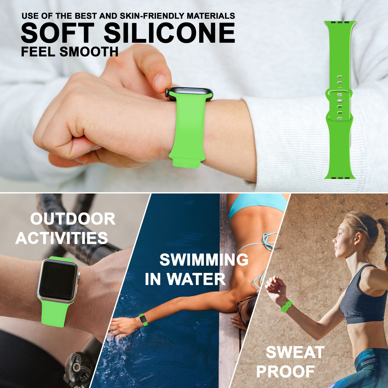 Grünes Apple Watch Armband mit verschiedenen Nutzungsszenarien: Outdoor, Schwimmen, schweißfest.