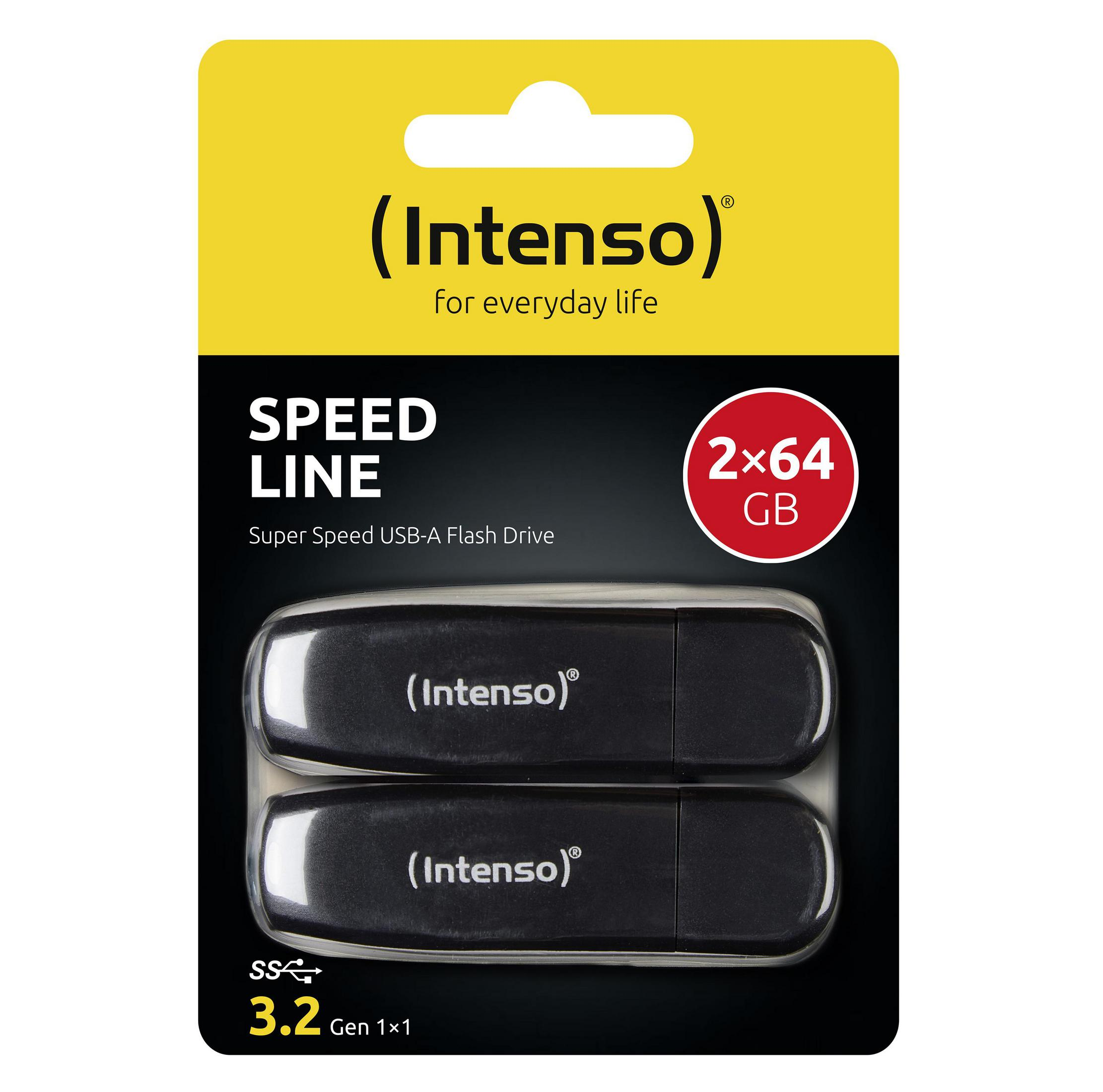 Eine Flash-Laufwerk-Verpackung mit zwei schwarzen USB-Laufwerken mit dem 'Intenso'-Logo.