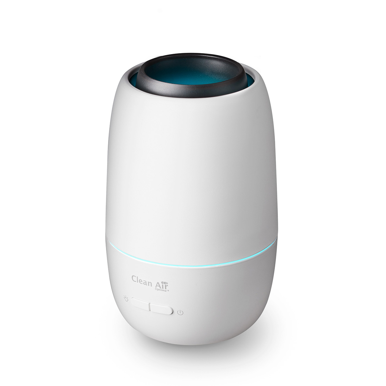 White air purifier with black top and blue light. It has power and light buttons on the front.