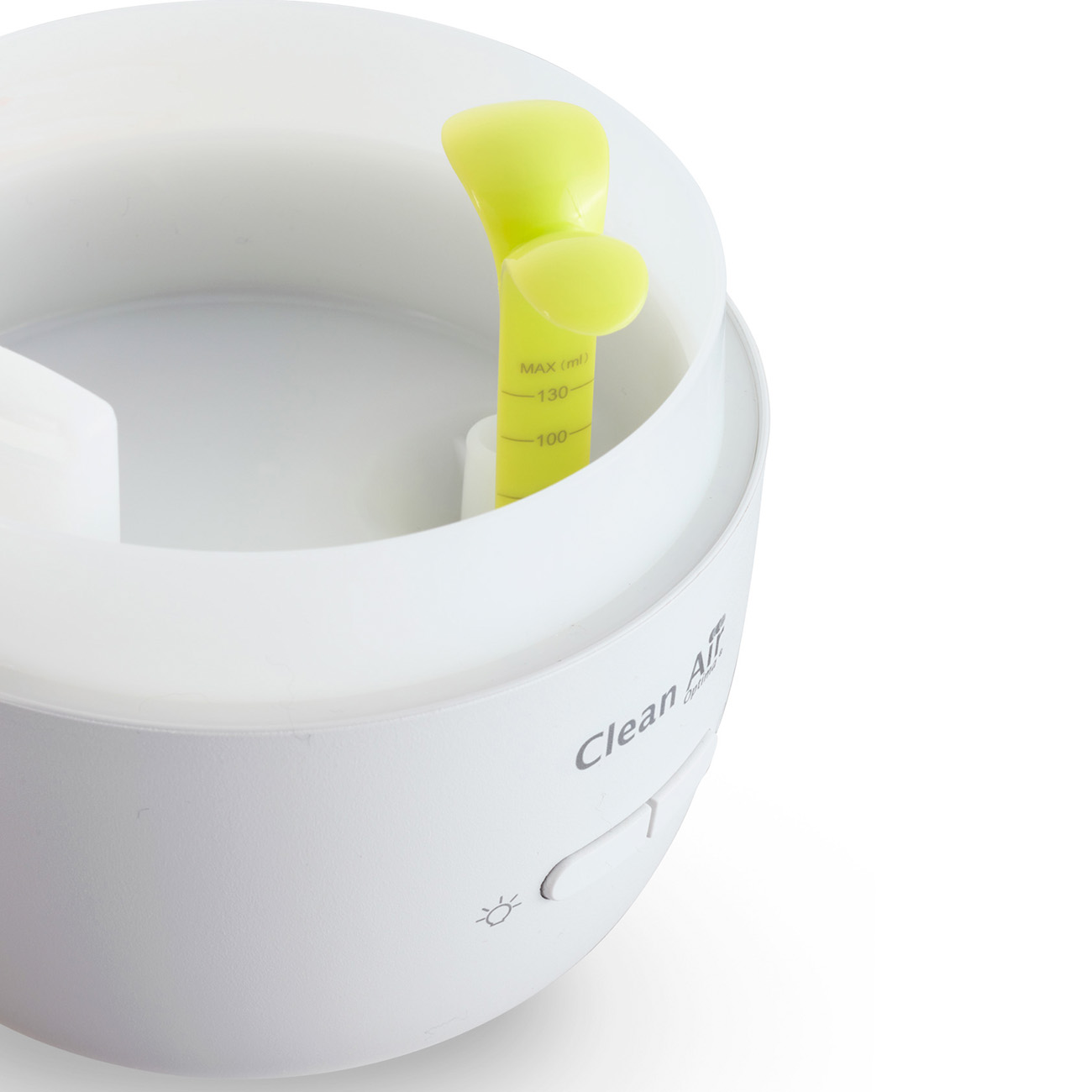 White air purifier with a yellow, water-level indicator. It has a white body and a simple design.