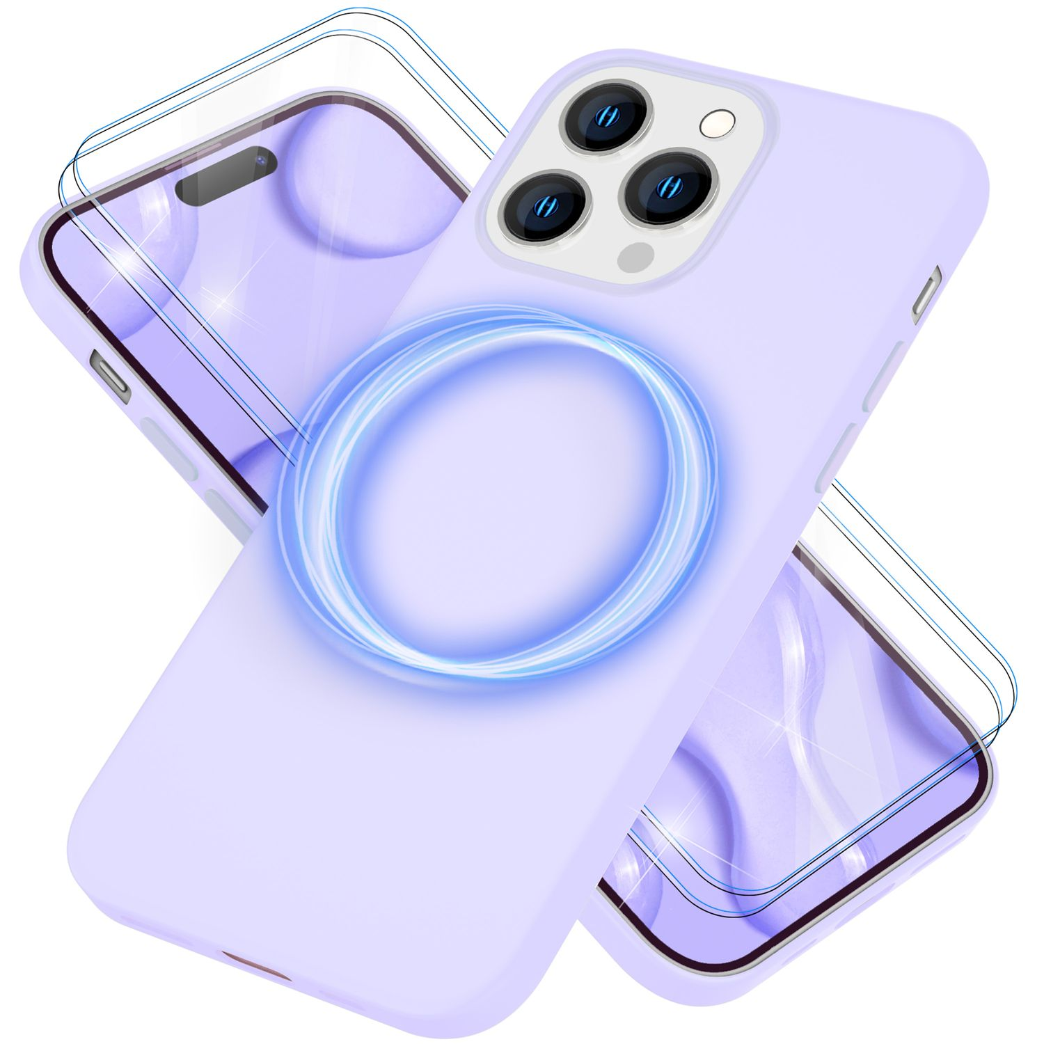 Eine lila Handyhülle mit Telefon und Displayschutzfolien. Ein blauer Ring befindet sich auf der Hülle.