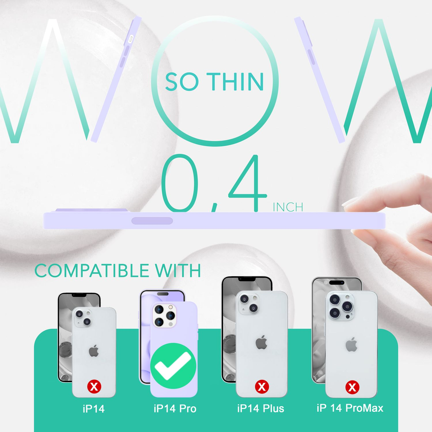 Werbung, die eine Handyhülle mit dem Text „SO THIN“ und Kompatibilität mit dem iPhone 14 Pro zeigt.