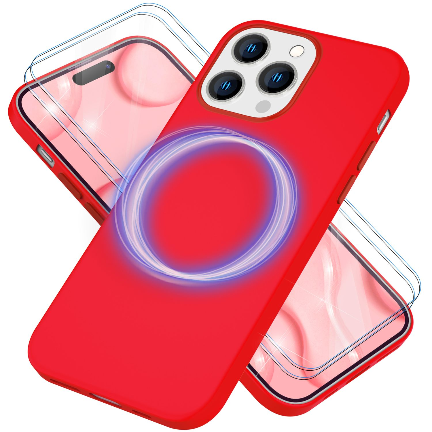 Rote Telefonhülle mit blau leuchtendem Kreis auf der Rückseite und zwei Displayschutzfolien. Weißer Hintergrund.