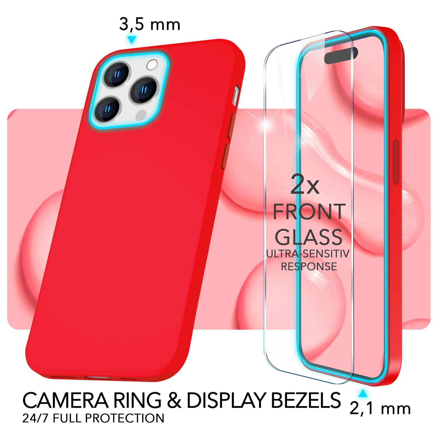 2x Liquid Schutzglas, Pro, Hülle & iPhone NALIA Backcover, MagSafe Apple, 14 Silikon Display Rot