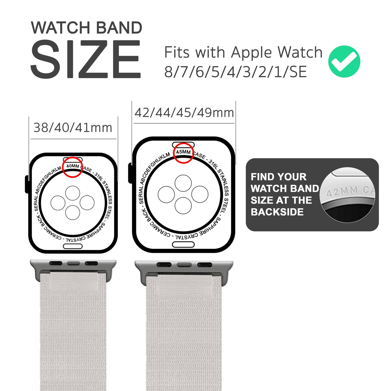 Ein Bild, das die Armbandgrößen für Apple Watch zeigt, mit Größenangaben und einem Häkchen.